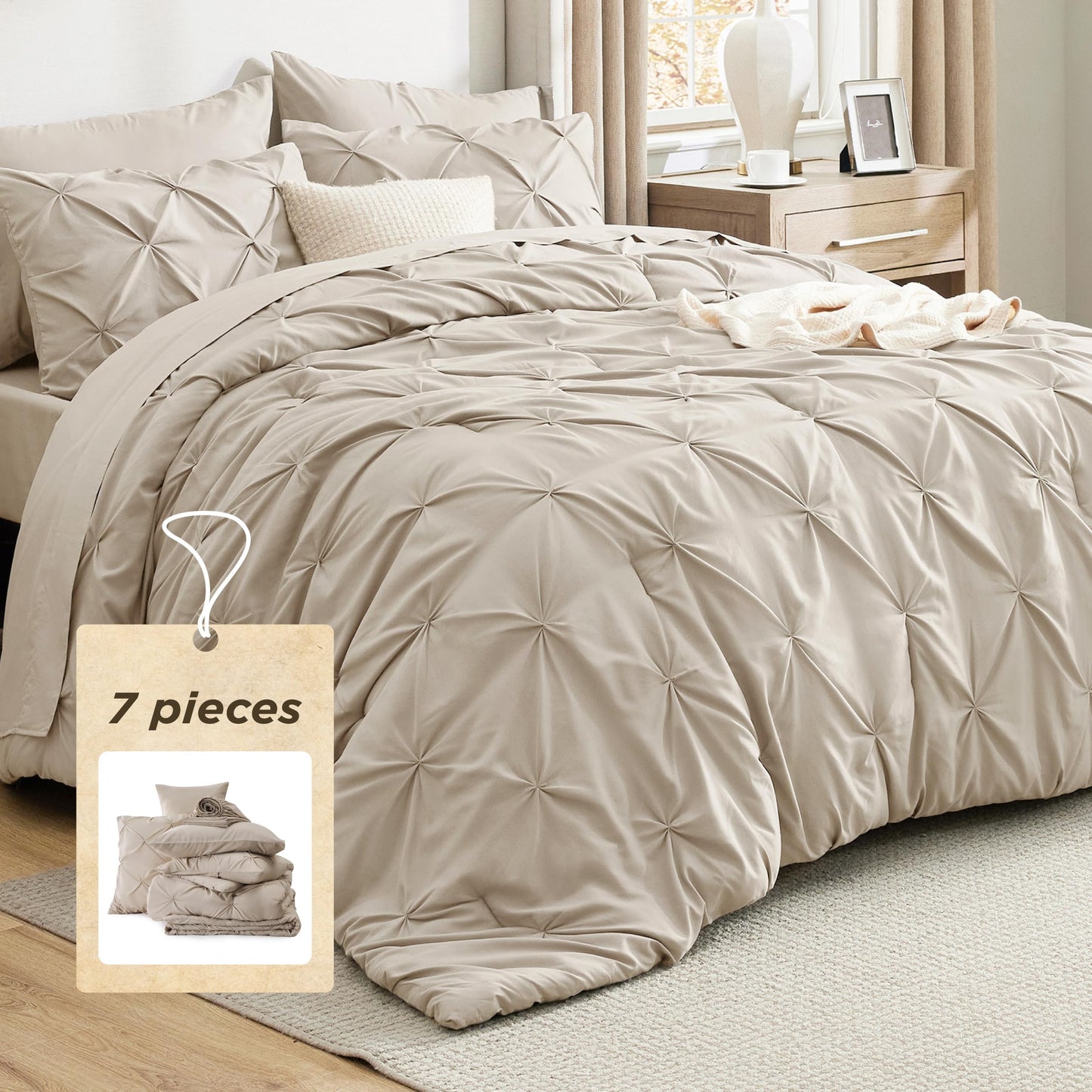 Bedsure Queen Comforter Set Beige - Bed in a Bag Queen Size Bedding 7 Pieces, GentleSoft™ Pintuck Bed Set Gift for Family, All Season Down Alternative Comforter with Sheets, Pillowcases & Shams