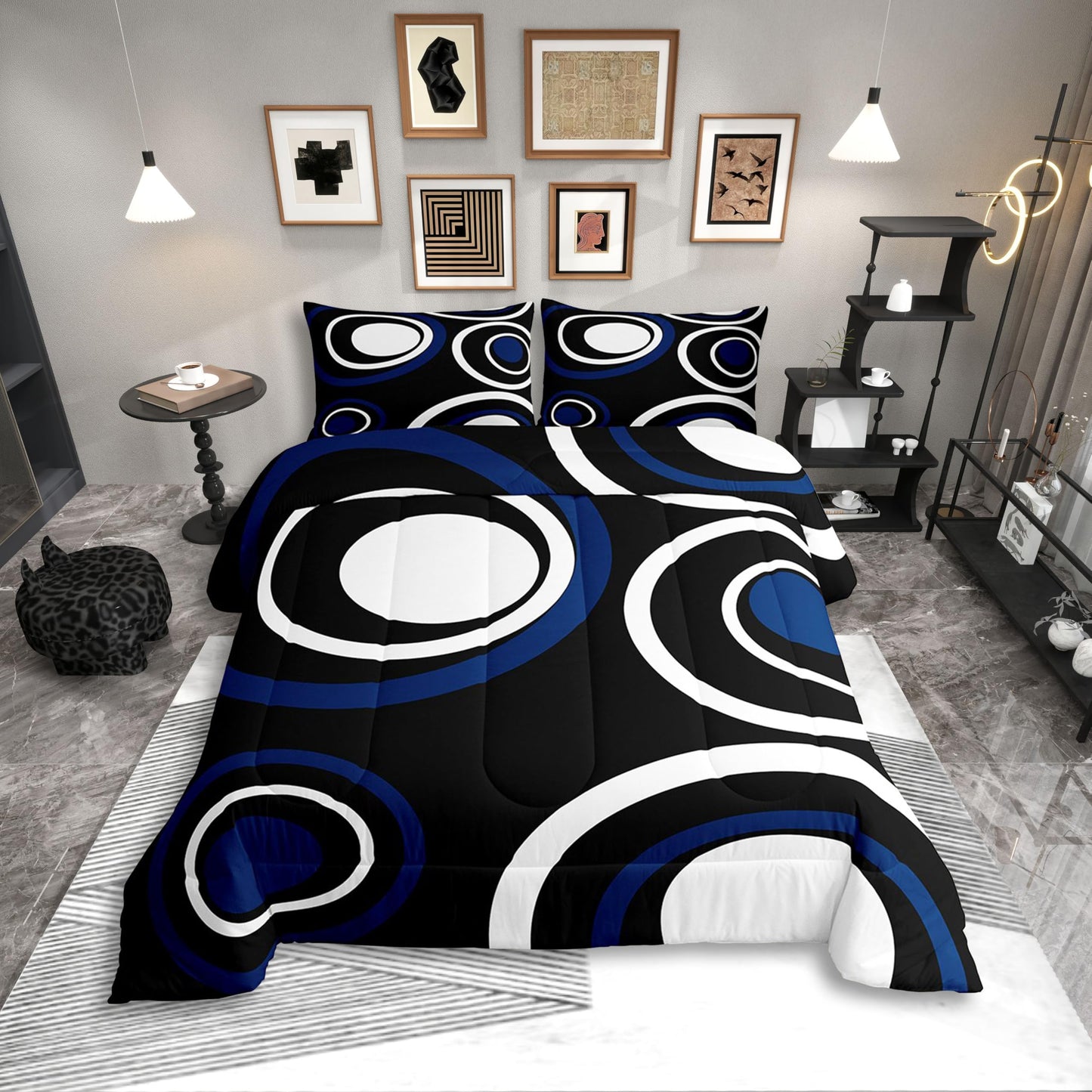 Erosebridal Black Blue Vortex Queen Comforter Set for Adult Women Men Chic Geometric Abstract Mens Bedding Set Striped Aesthetic Circles Bed Set Boho Modern Quilt Set