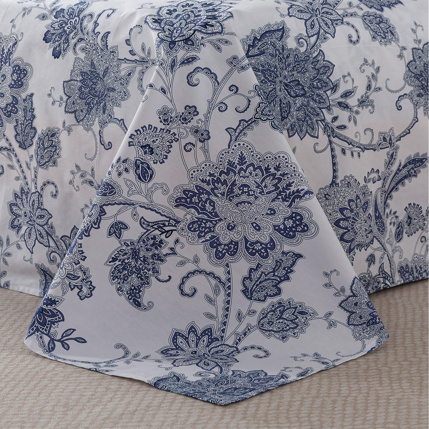 FADFAY Cal King Sheets Set Percale Cotton Floral Bed Sheets Deep Pocket Fitted Sheet, Luxury Blue Floral Pattern Classic European Style Bedding for All Season,Super Soft Crisp & Breathe,4Pcs