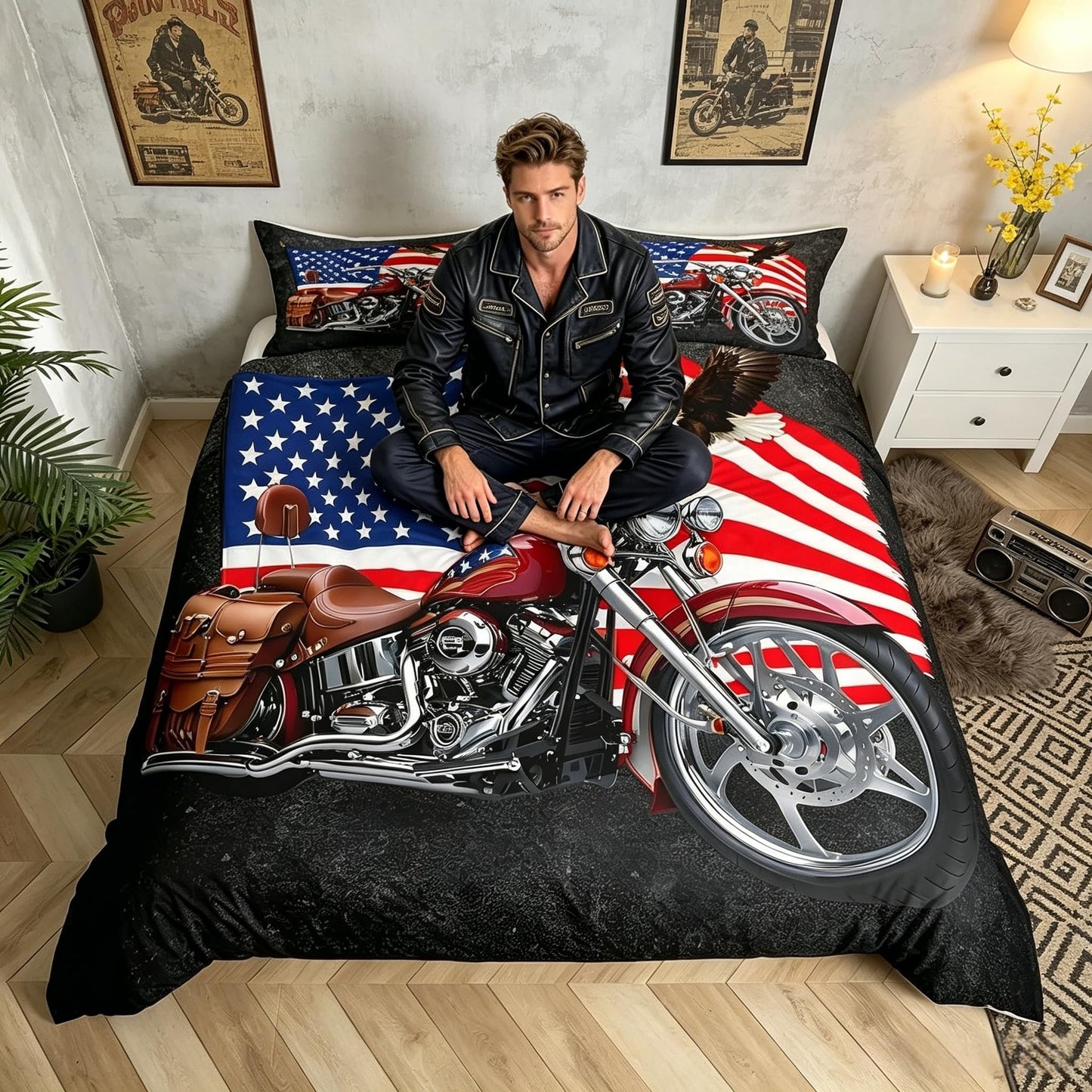 American Flag Duvet Cover Set King,Motorcycle Bedding Set 3pcs for Kids Teens Boys Girls Adult Room Decor,Eagle Animal Comforter Cover Brown Quilt Cover with 2 Pillowcases
