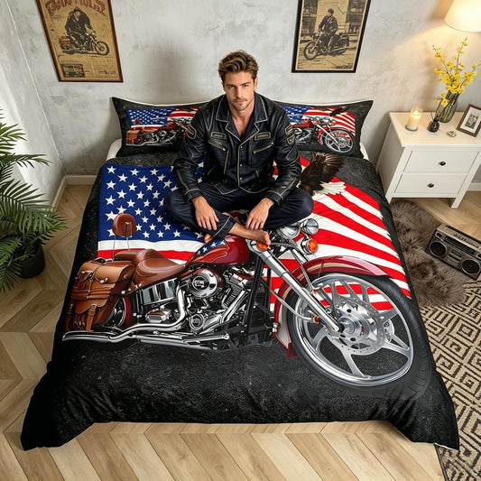 American Flag Duvet Cover Set King,Motorcycle Bedding Set 3pcs for Kids Teens Boys Girls Adult Room Decor,Eagle Animal Comforter Cover Brown Quilt Cover with 2 Pillowcases