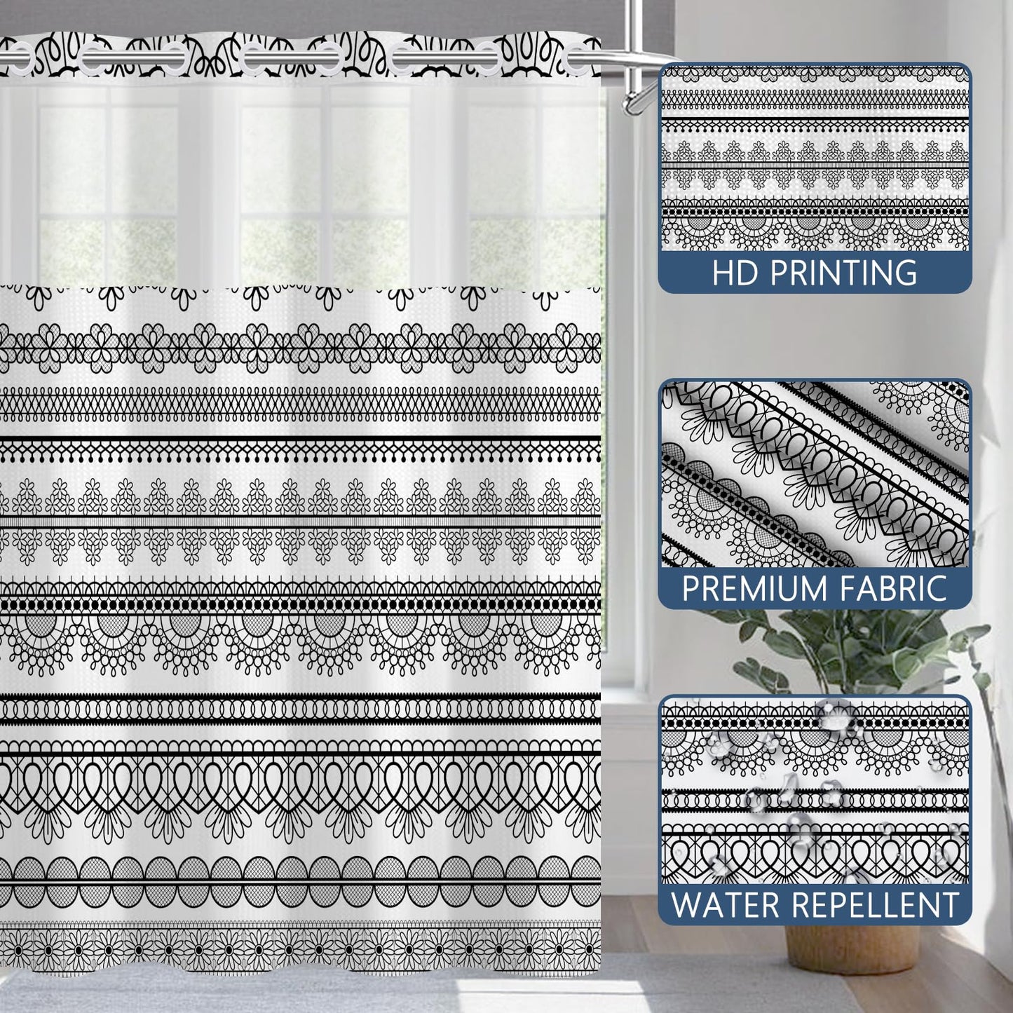 NAEMBCU No Hook Waffle Shower Curtain Snap in Liner 71x74 Inch
