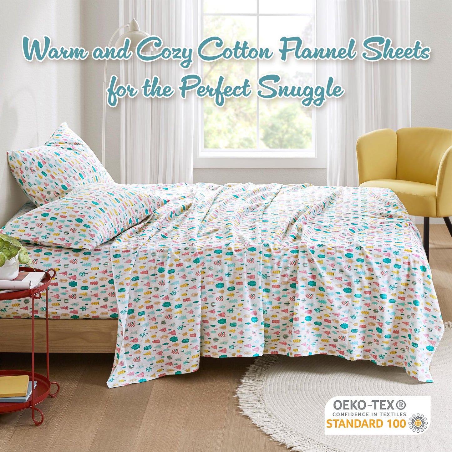 Intelligent Design Cozy Soft 100% Cotton Flannel Sheets, Breathable Festive & Adorable Print Cotton Flannel Sheet Set, Deep Pocket Sheet Fits Up to 16" Mattress, Full White Holiday Trees 4 Piece