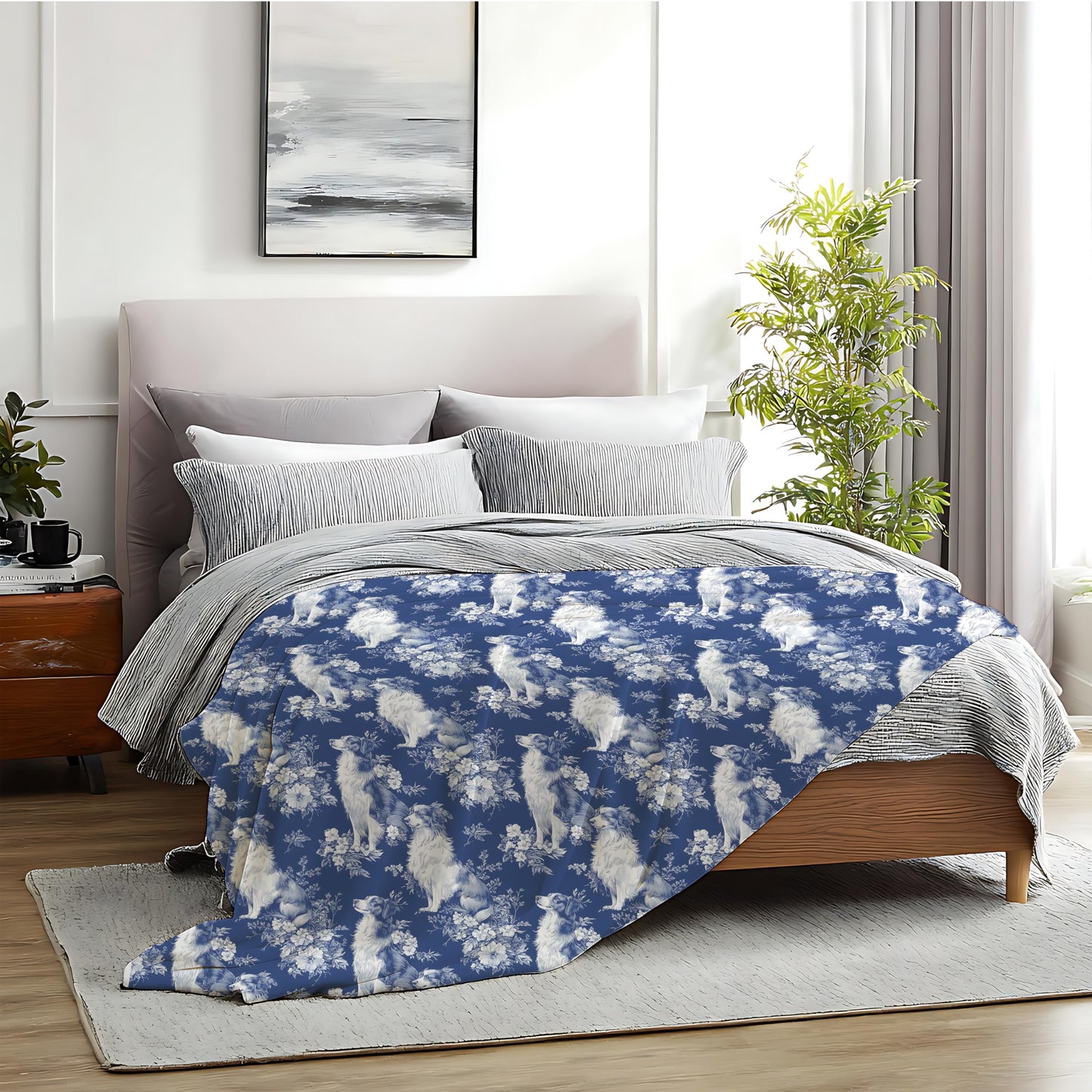 BUJSP Blue Chinoiserie Border Collie Blanket, Border Collie Gifts for Women, Grandmillennial Blue and White French Toile Dog Throw Blanket for Home Bedroom Room Couch Bed Decor, 50x60 Inches