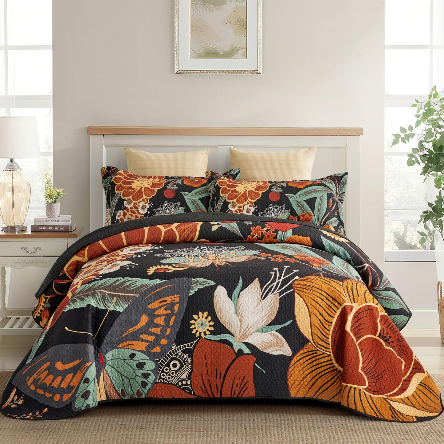 Tyrot 3 Piece Black Boho Floral Full/Queen Quilt Sets Reversible Farmhouse Botanical Lightweight Bedspread Coverlet with 2 Shams Butterfly Microfiber Bedding Quilts Set for All Season, 90''x96''
