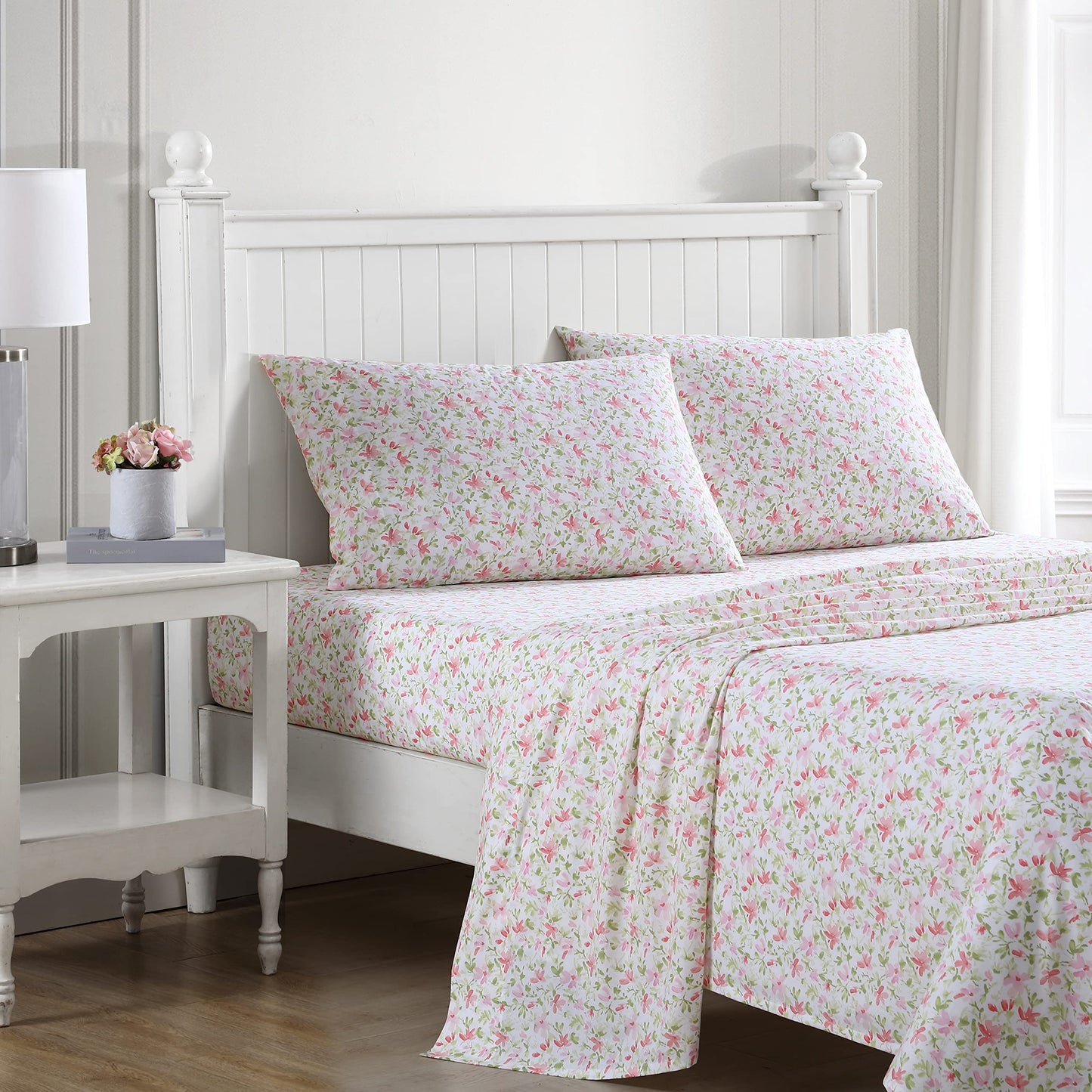 Laura Ashley – Twin Size Sheet Set, Crisp & Lightweight Cotton Percale Bedding with Fitted Sheet and Pillowcase, Floral Room Decor, Deep Pocket, College Dorm Room Essentials (Norella Pink)
