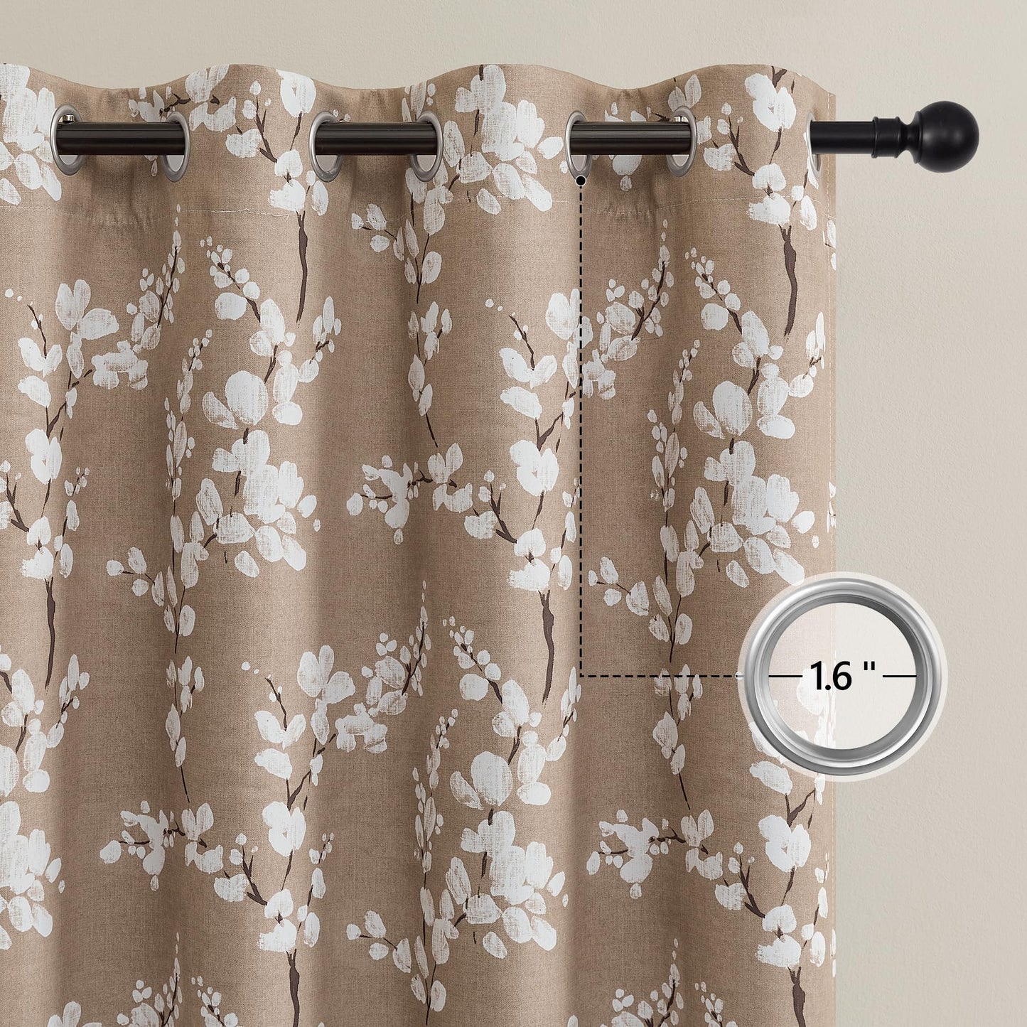 FMFUNCTEX 100% Blackout Floral Curtains for Bedroom, Taupe Curtains 84 inches Long Blossom Flower Patterned for Living Room, Thermal Insulated Farmhouse Drapes, Grommet Top 2 Panels (White on Brown)
