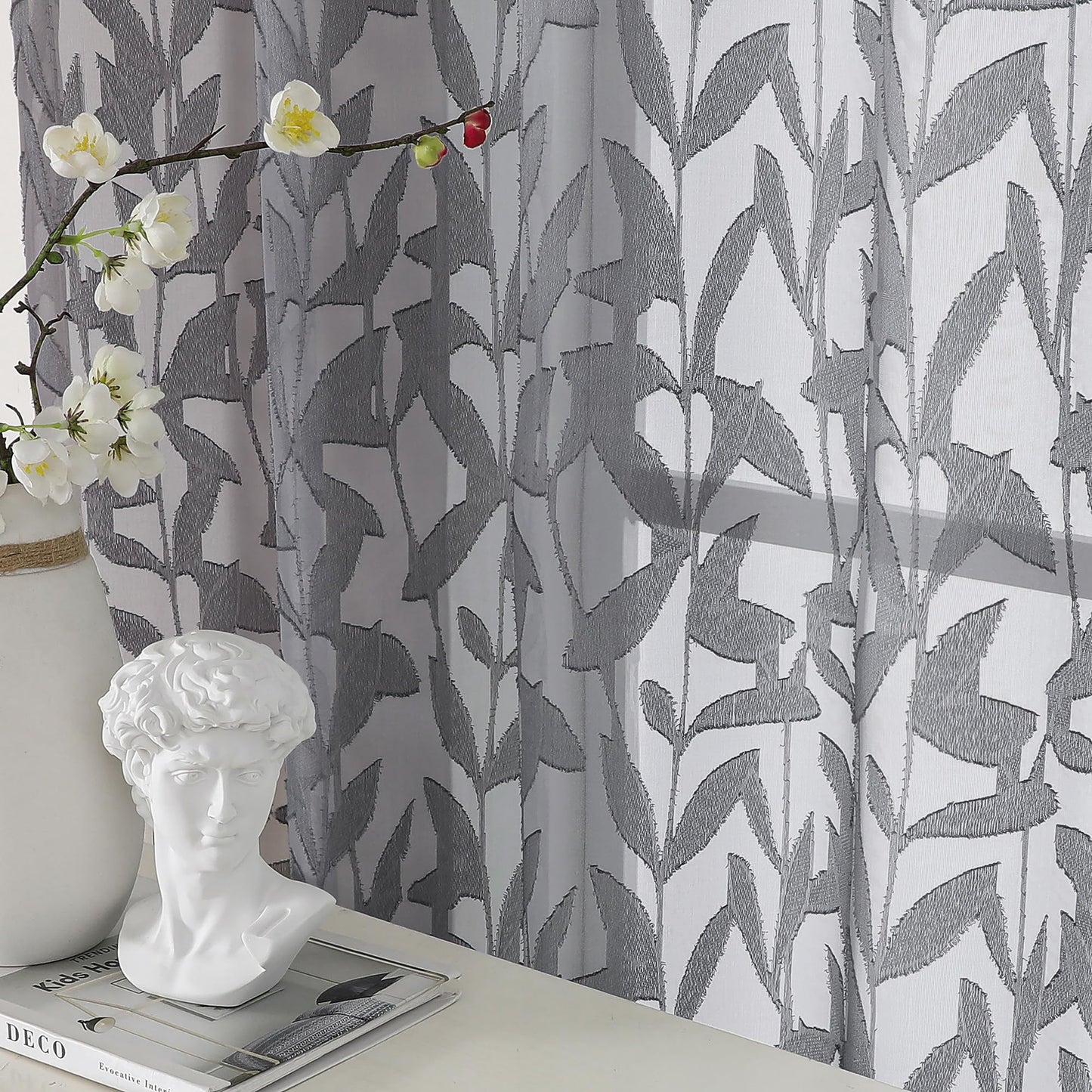 OWENIE Leyna Charcoal Gray Sheer Curtains 84 Inches Long for Living Room Bedroom 2 Panels Set, Modern Clip Jacquard Leaves Textured Light Filtering Curtains, Double Rod Pockets Drapes, 40Wx84L Inch