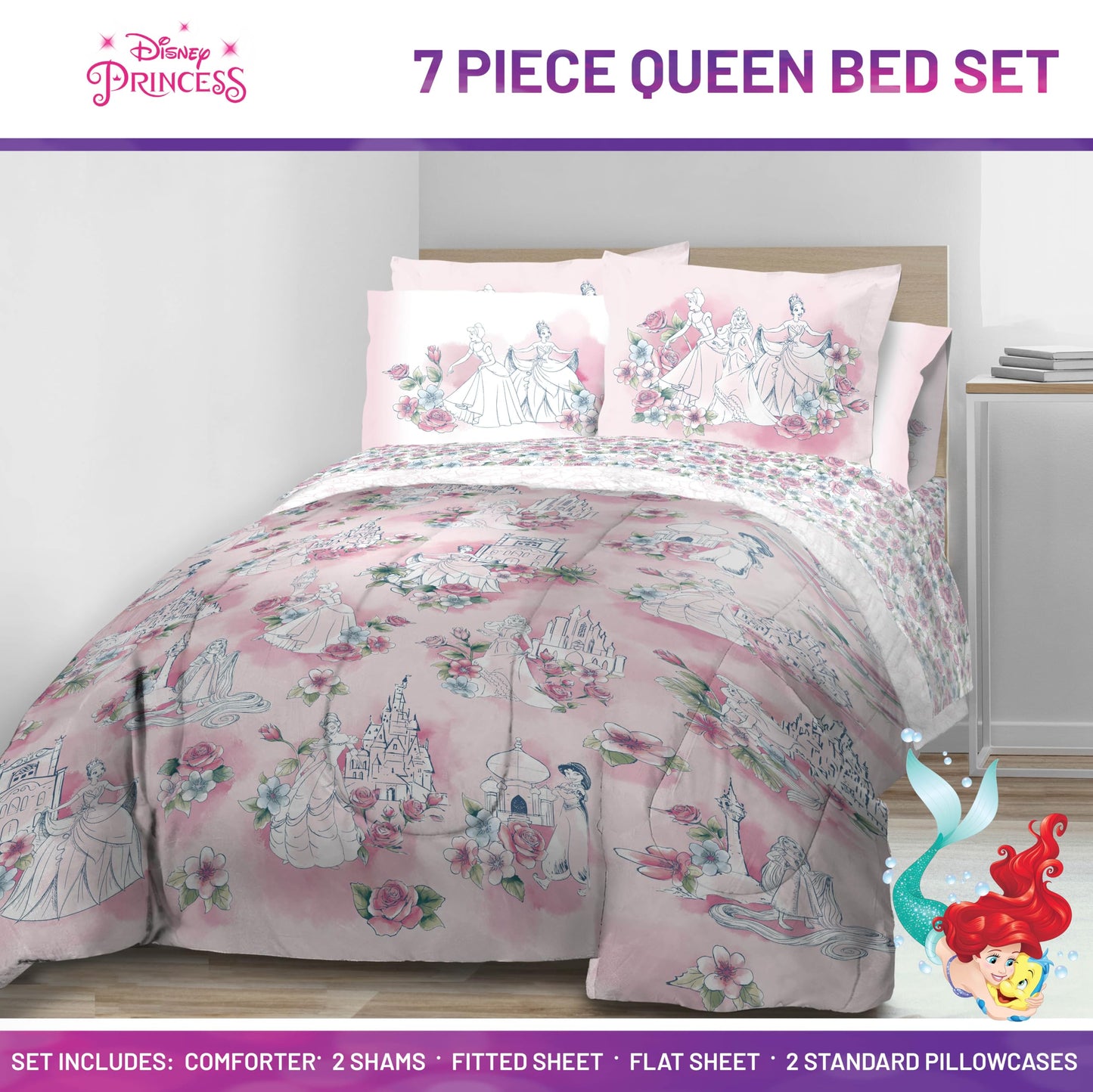 Jay Franco Kids Comforter Set Includes Sheets and Pillow Covers - Soft and Cozy Bed Set for Stylish Room Decor, Pink - Disney Princess, 7 Piece Queen Bedding