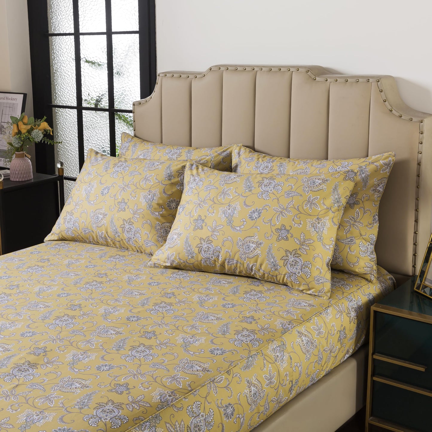 FADFAY 100% Cotton Queen Sheet Set, Olive Green Paisley Floral Bed Sheets, Deep Pocket Fitted Sheet, Pet-Friendly Soft Breathable Cozy Bedding for All Seasons, 4-Piece