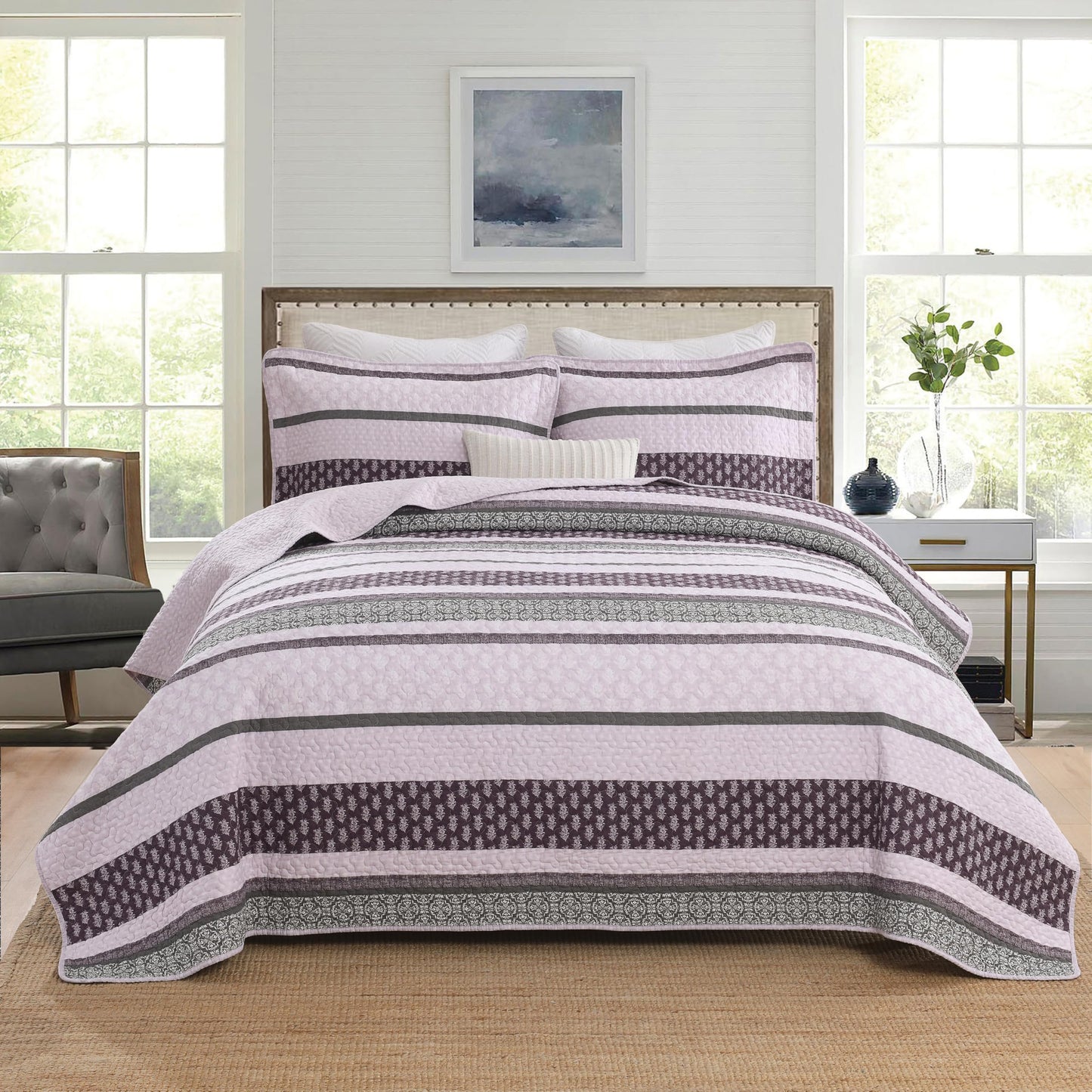Homzard Quilts Queen Size, Cotton Comforter Set, Purple and Grey Queen Bed Set,Lightweight Striped Bedding, Farmhouse Bedspread All Season 3 Pieces