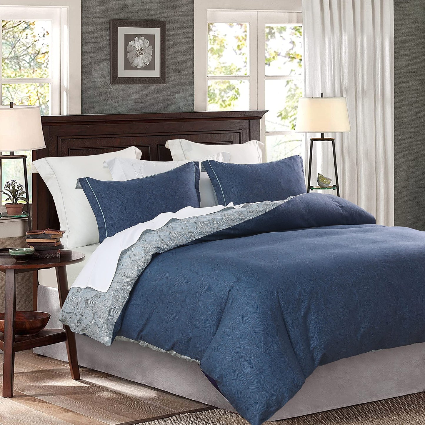 SLEEPBELLA Comforter Queen Size, 600 Thread Count Cotton Navy & Grey Leaves Reveisible Comforter Sets, Down Alternative Bedding Set 3Pcs(Queen, Navy&Blue Leaves)
