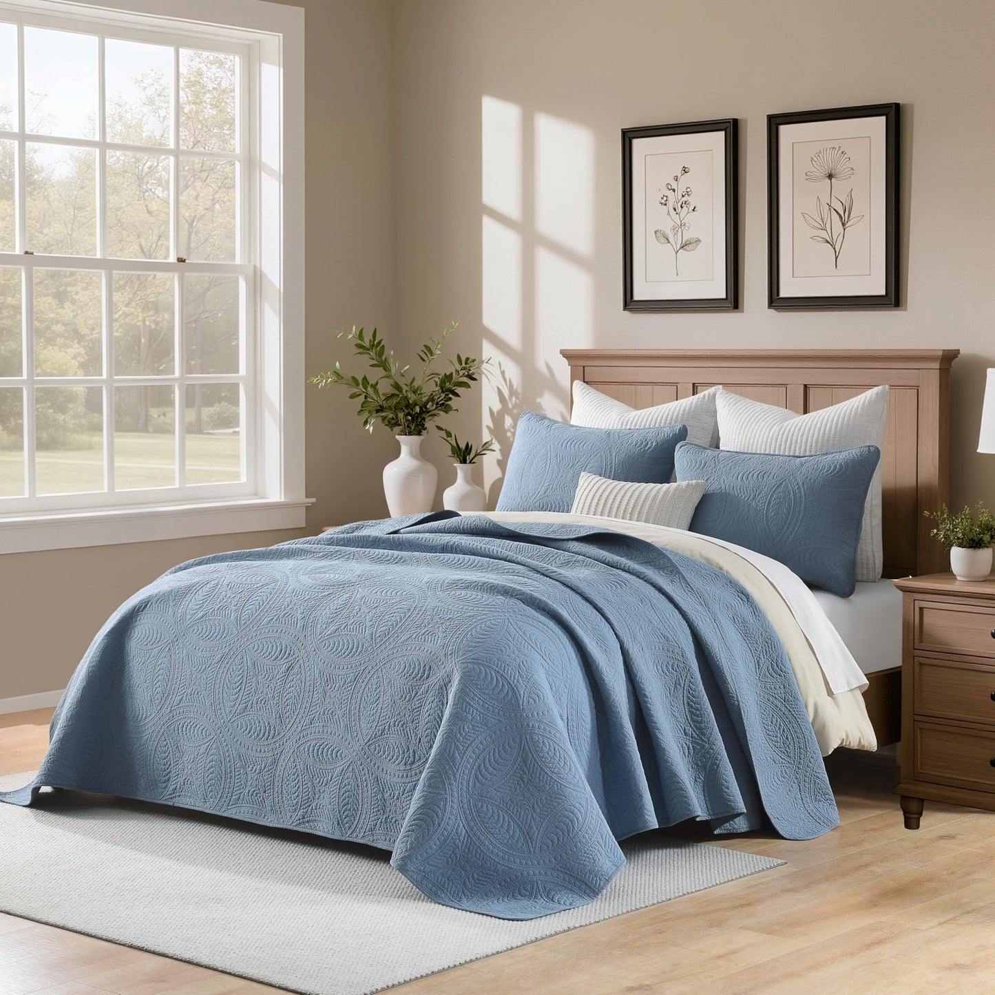 Homzard Quilts Queen Size 100% Cotton Quilt Set, Dusty Blue Queen Size Bedspread Set,Coin Pattern Quilted Bedspread Set,Solid Modern Comforter Set Coverlet 3 Piece Bed Set, All Season