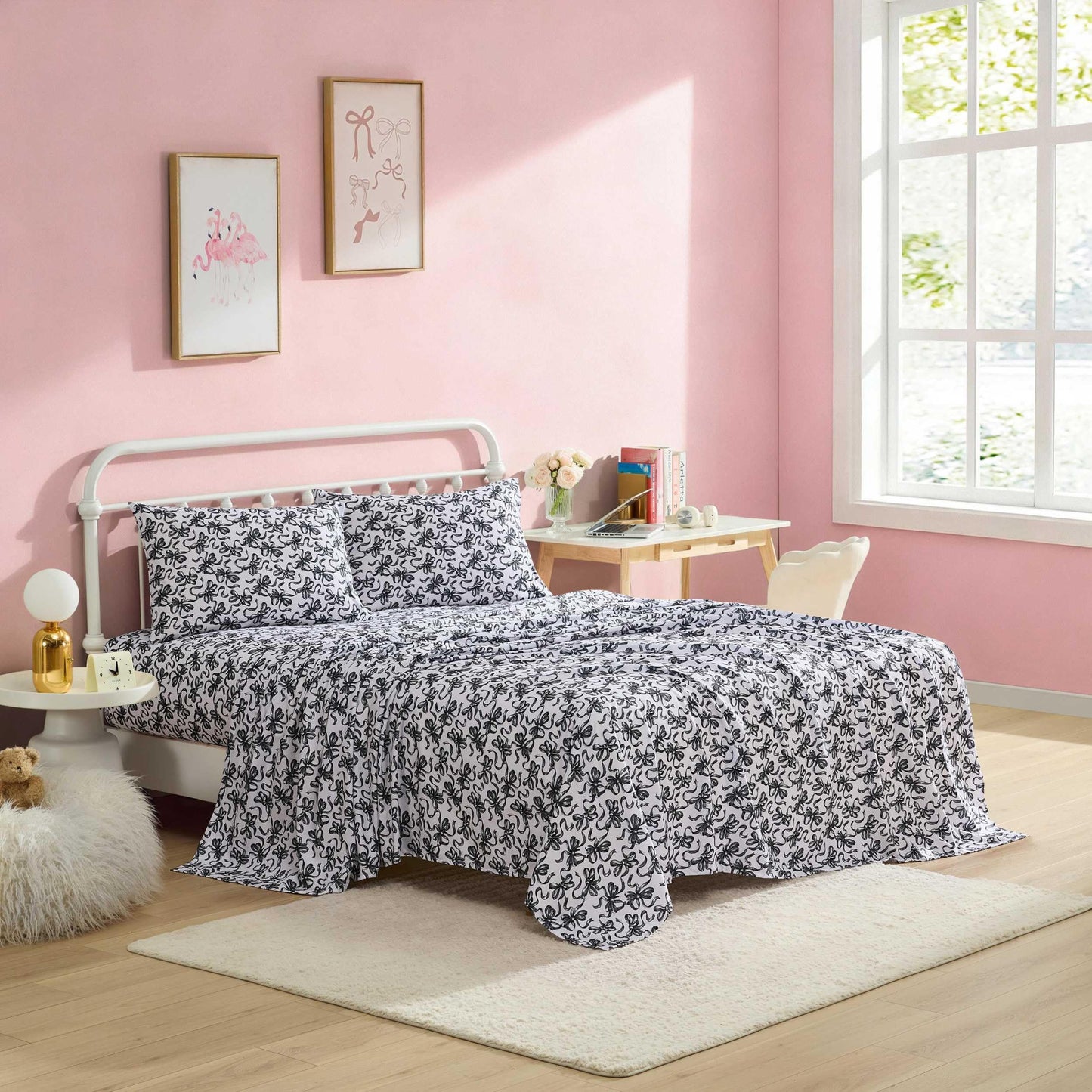Betsey Johnson - Queen Size Sheet Set, Soft Printed Microfiber Bedding with Deep Pocket Fitted Sheet, Bed Sheets with Matching Pillowcases, Ballet Bows Grey
