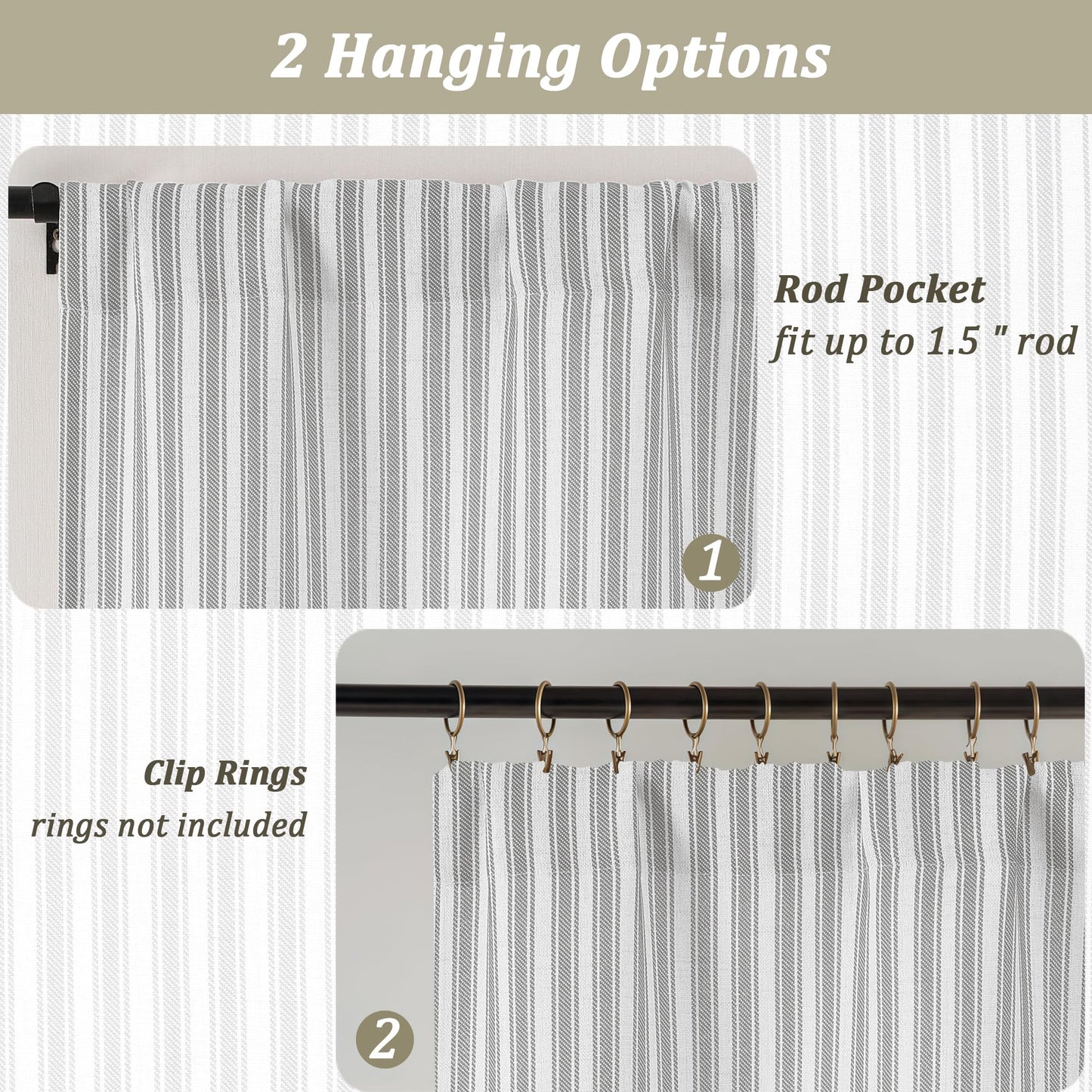 Chyhomenyc Striped Boho Curtains 24 Inch Length - Light Filtering Faux Linen Half Window Cafe Curtains, Farmhouse Short Curtain Tiers for Bathroom RV Camper, 30Wx24L, 2 Pieces, Grey