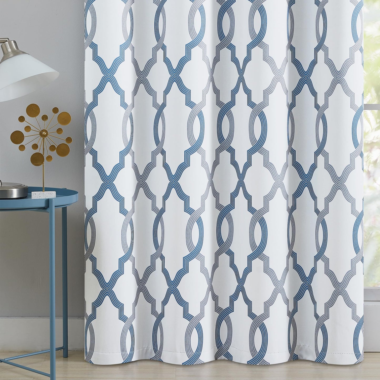 ugoutry 100% Blackout Curtains 63 Inches Long for Bedroom, Blue Grey on White Moroccan Geometric Patterned Window Curtain for Living Room, Farmhouse Thermal Insulated Drapes Grommet Top 2 Panels