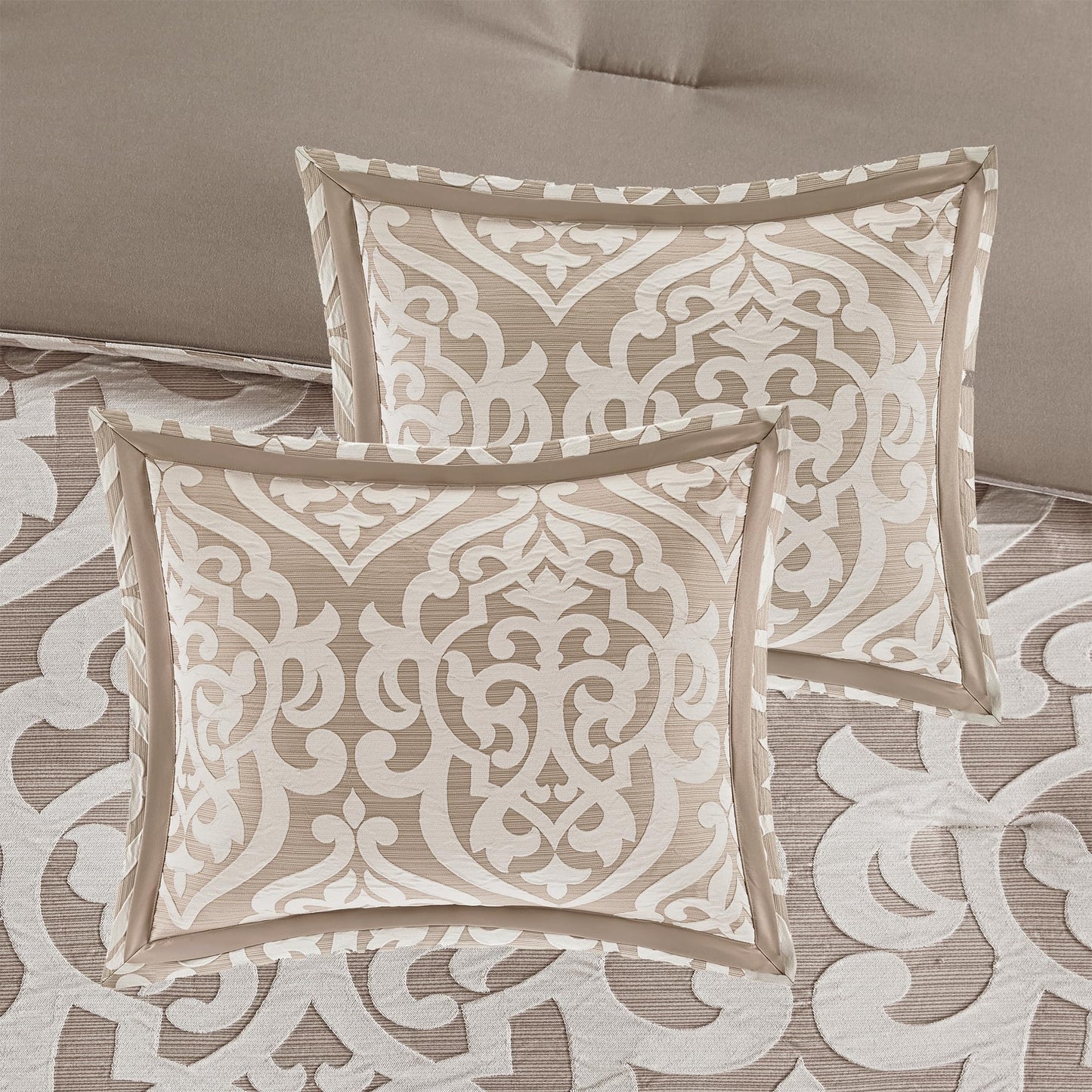 Madison Park Odette Cozy Comforter Set Jacquard Damask Medallion Design - Modern All Season, Down Alternative Bedding, Shams, Decorative Pillow, King(104 in x 92 in), Tan 8 Piece