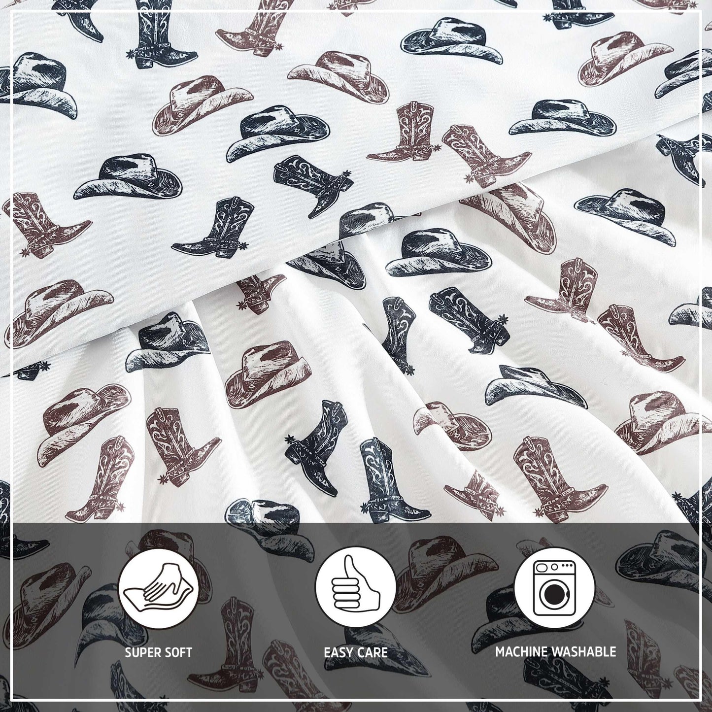 Wrangler - Queen Size Sheet Set, Ultra-Soft & Wrinkle-Resistant Bedding for Year Round Comfort, Deep Pockets, Bed Sheets with Matching Fitted Sheet & Pillowcases (Boots N Hats Black)