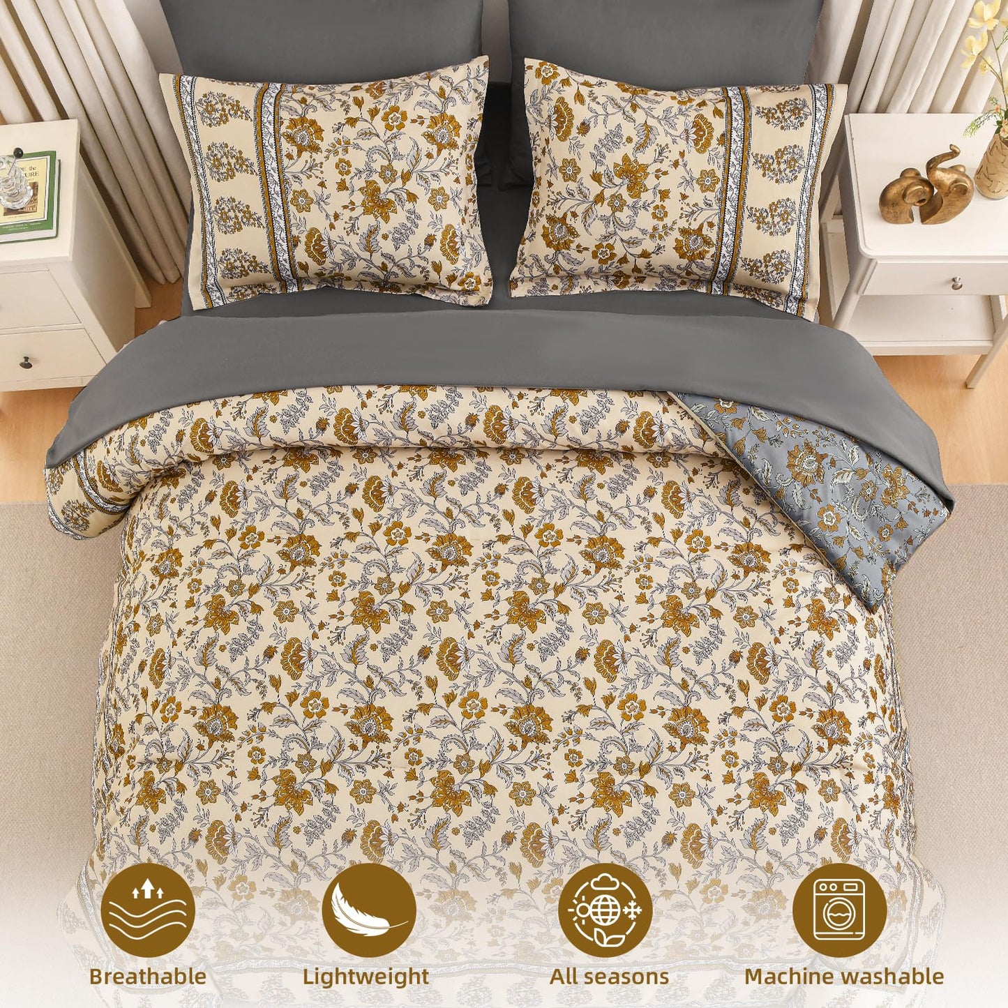 Dinjoy Boho Comforter Set Queen,Beige Brown Bedding Paisley Floral 7 Piece Bed in a Bag Reversible Lightweight Bohemain Comforters with Sheet Sets for All Season