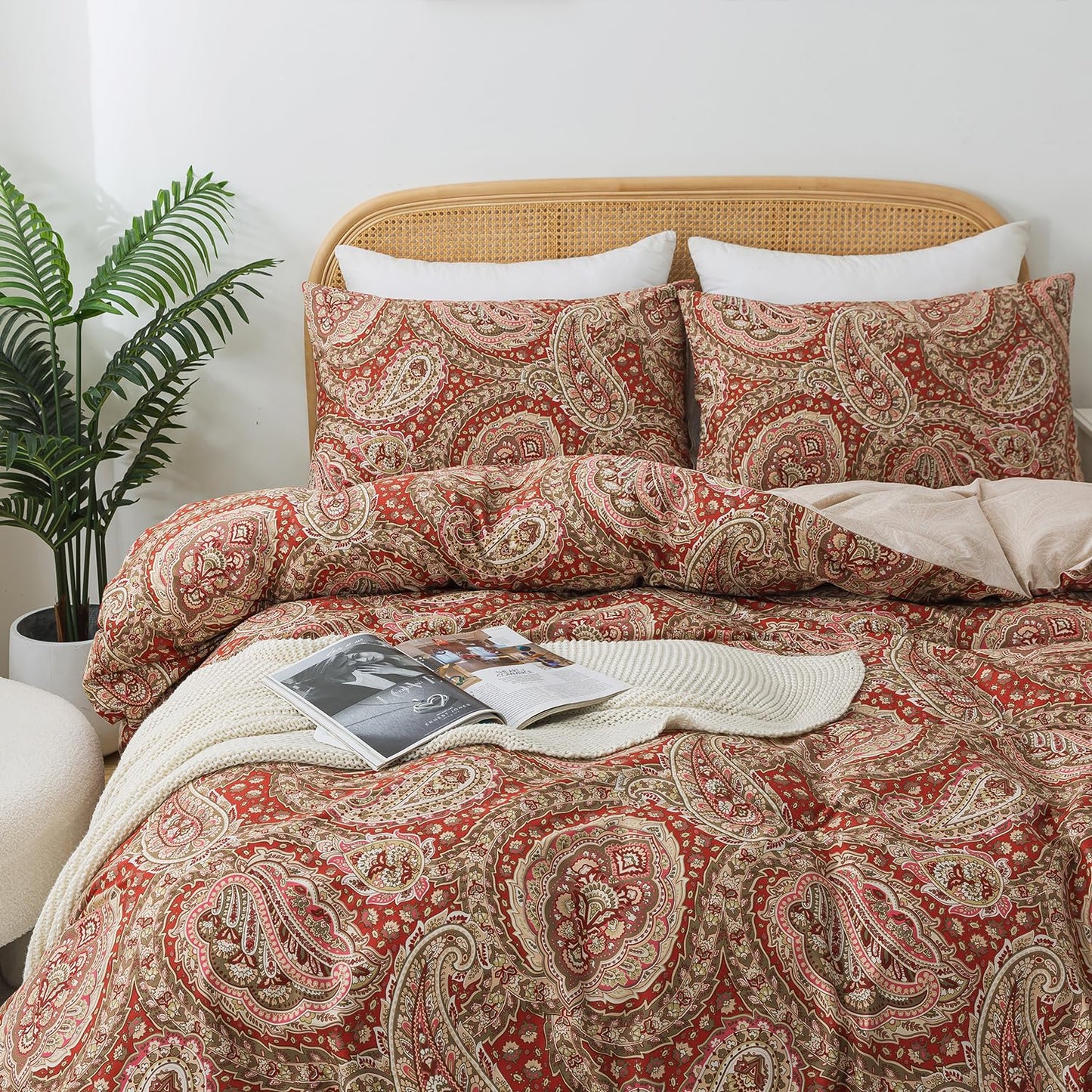 Zusbest Burgundy Duvet Cover Set Queen Size 100% Percale Cotton Red Beige Paisley Comforter Cover Toile Printed Bedding Luxury Crisp Soft Reversible Floral Bedding 3Pcs, Queen
