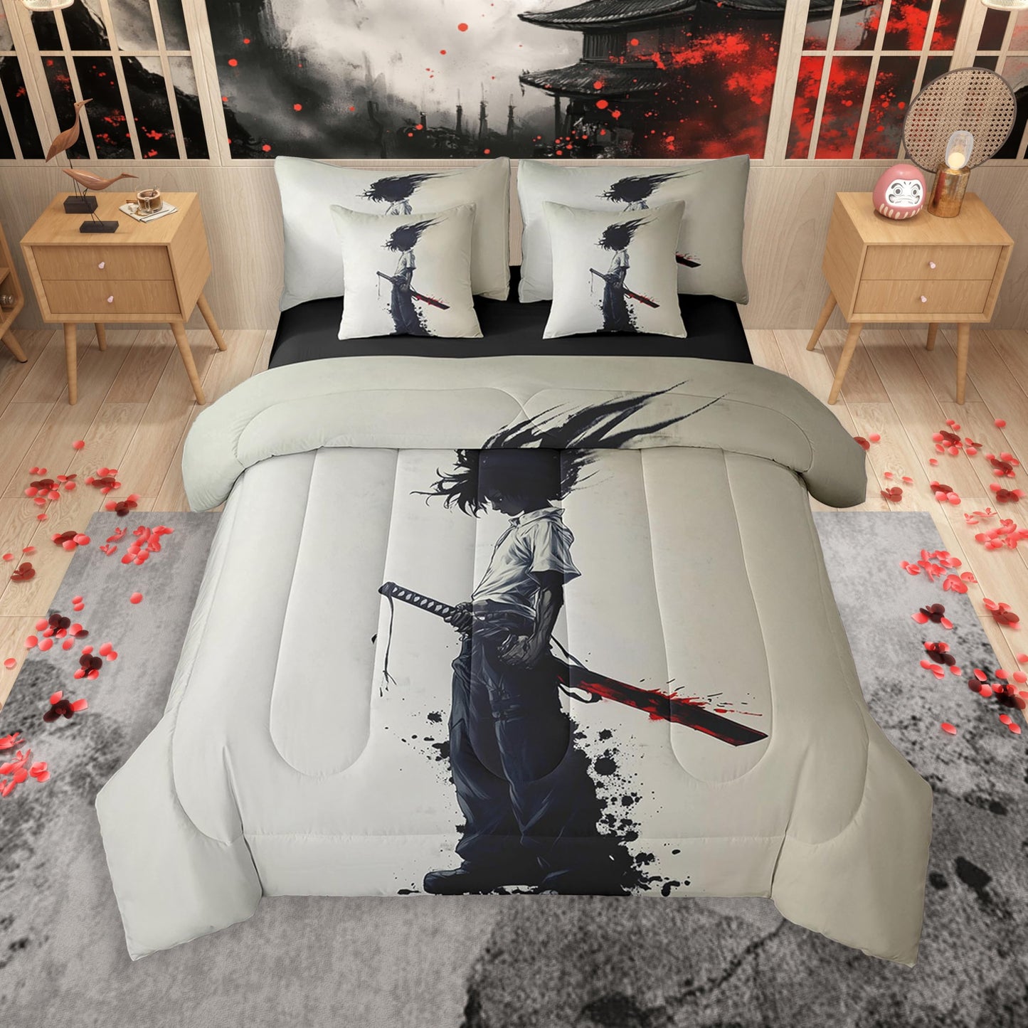 jejeloiu Kids Afro Samurai Comforter Set 7 Pieces Full Size Anime Bedding Set for Boys Girls Japanese Style Bed in a Bag with Comforter, Sheets, Pillowcases & Cushion Covers