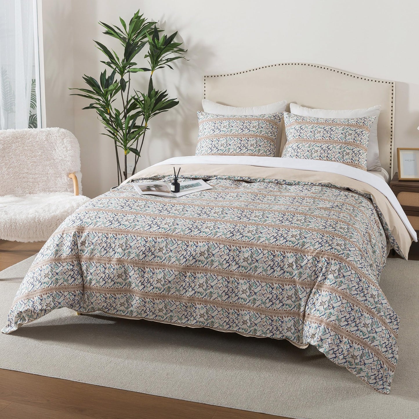 HoneiLife Retro Duvet Cover King - 100% Cotton Comforter Cover, Soft & Breathable Bed Linen Sets for King Bed