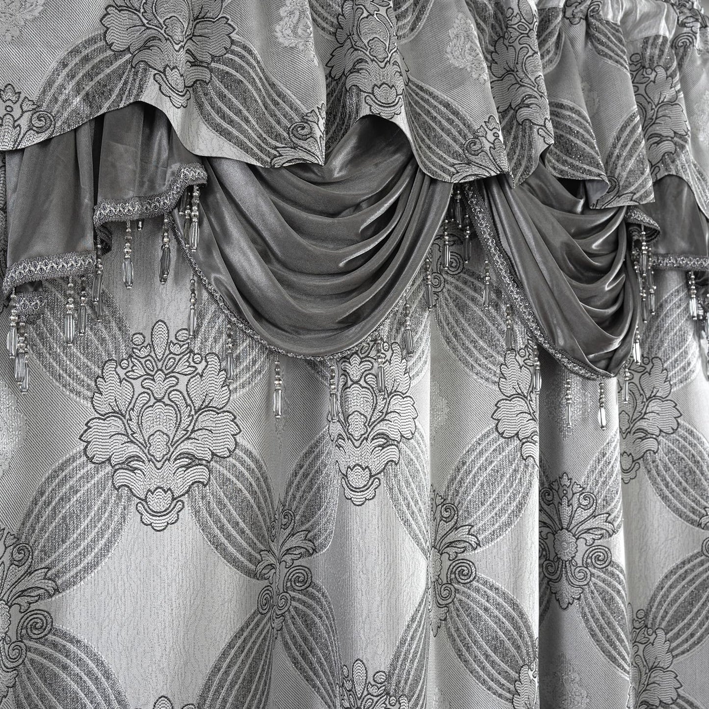 Petrichor Elegant Curtains with Gold Silver Threads 2 Panels Set - Luxury Window Treatment Attached Valance, Sheer Backing, and 2 Tie Backs for Bedroom and Living Room, 54x84 inches, Silver