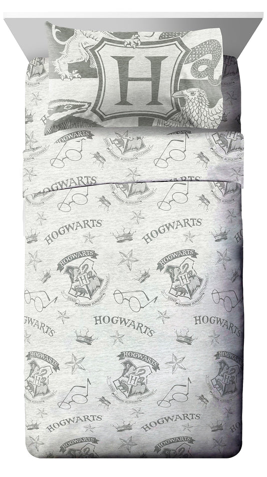 Jay Franco Kids Sheet Set with Fitted, Flat Sheets & Pillow Cover - Ultra-Soft Bedding with Pillowcase for Room Decor, Gray - Harry Potter, 4 Piece Full