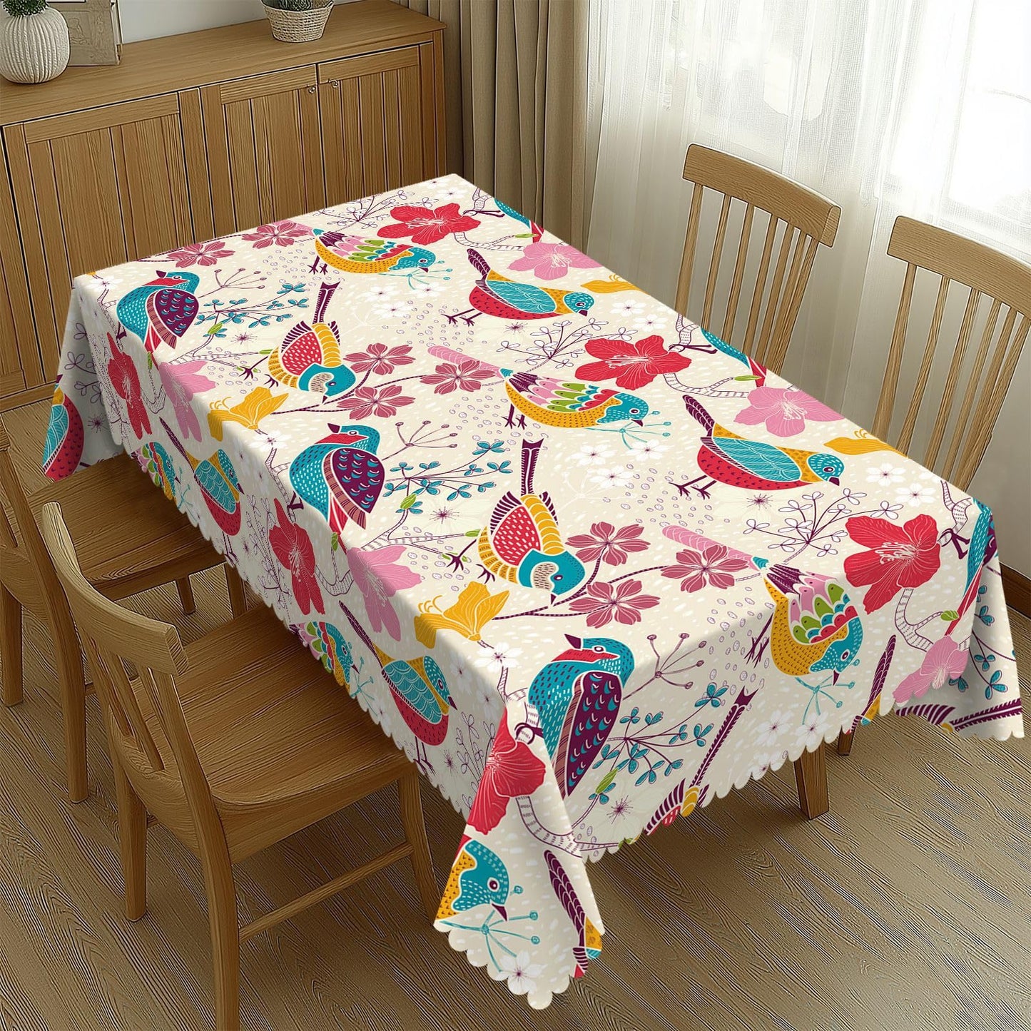 LORCARVIS Floral with Birds Tablecloth Floral Birds Pattern Polyester Rectangle Table Cloth Washable Seasonal Tabletop for Kitchen Dinning Party Outdoor Picnic 54 x 72 Inch Tablecloths
