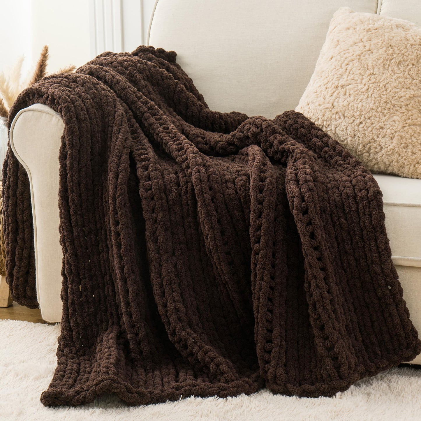 Battilo Brown Chunky Knit Throw Blanket, Soft and Thick Chenille Throw Blanket, 50"x60" Handmade Cable Knit Crochet Blanket, Knot Throw Blankets for Couch Sofa Bed Home Decor (Brown, 50"x60")
