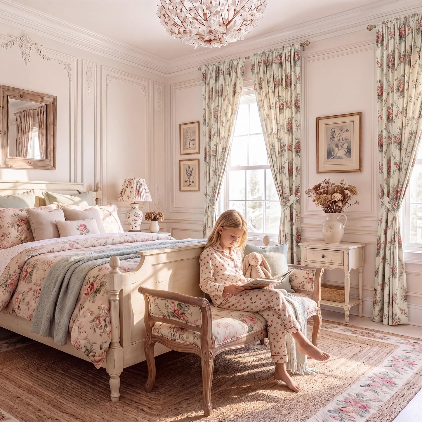 StangH French Country Rose Floral Velvet Curtains, Cream Shabby Chic Ribbon Bow Printed Window Drapes Romantic Privacy Panels for Girls Room Nursery, W52 x L84, 2 Panels
