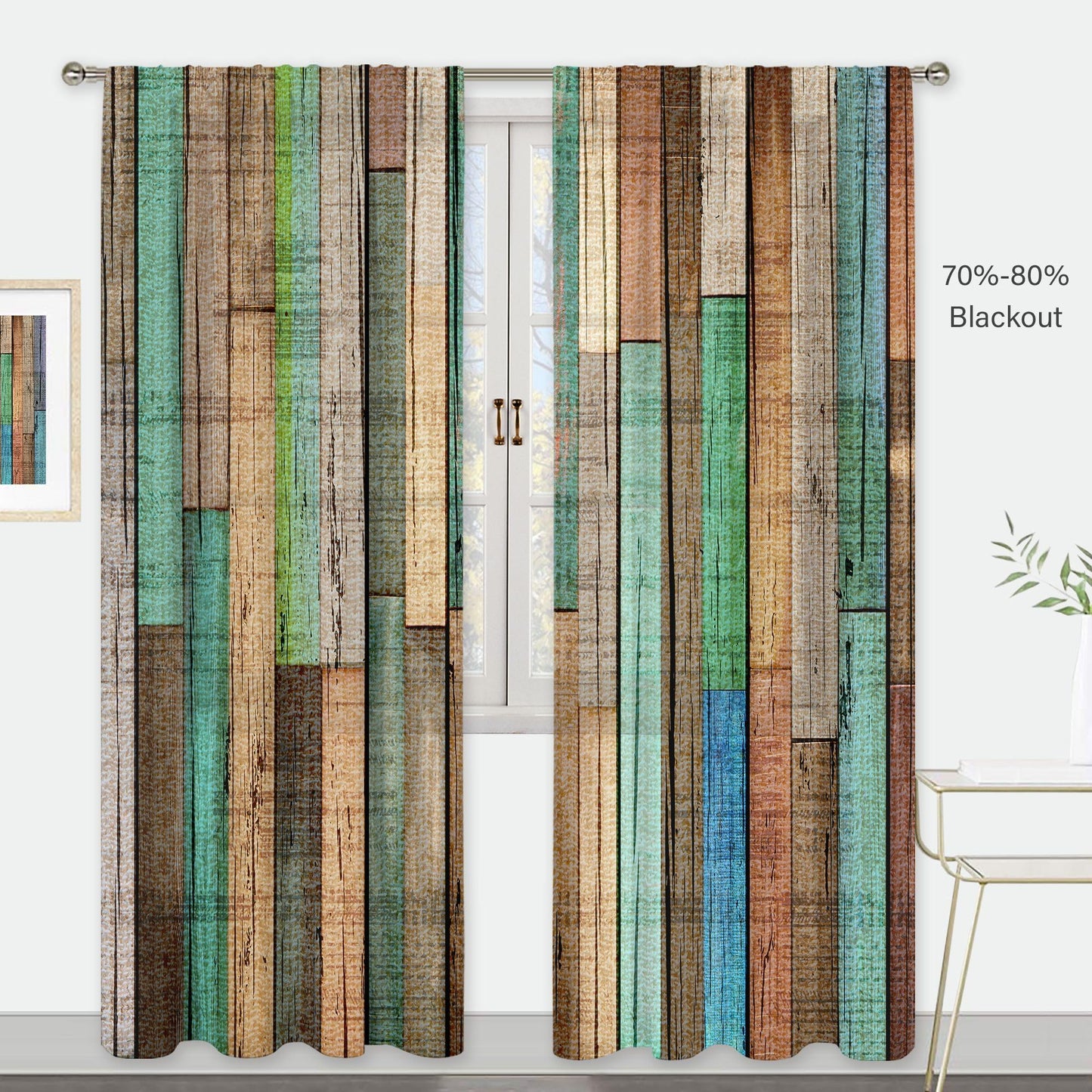 MESHELLY Farmhouse Teal Grey Barn Door Curtains 52Wx84H Inch Rod Pocket Rustic Wood Western Vintage Rural Green Wooden Plank Cabin Bedroom Window Drapes Country Printed Living Room Window Treatment