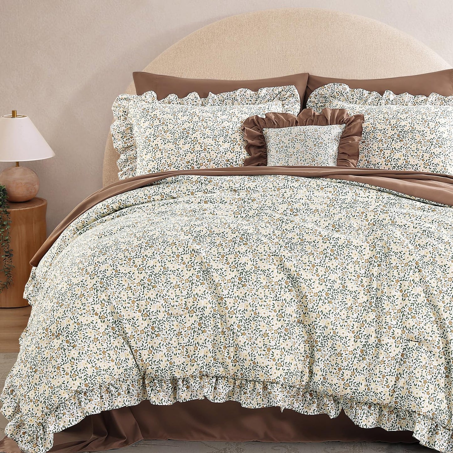 BLOOMHAVEN Queen Comforter Set - 7 Pieces Ruffle Beige Ditzy Bedding Sets, Shabby Chic Farmhouse Bed in a Bag Queen with Floral Comforter,Sheets, Pillowcases & Shams