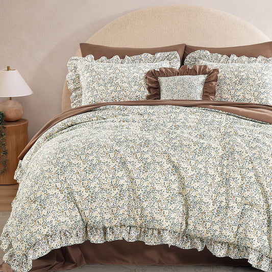 BLOOMHAVEN Queen Comforter Set - 7 Pieces Ruffle Beige Ditzy Bedding Sets, Shabby Chic Farmhouse Bed in a Bag Queen with Floral Comforter,Sheets, Pillowcases & Shams