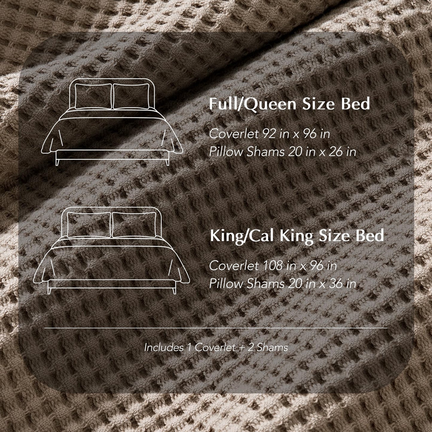 EverGrace 100% Cotton Waffle Bed Blanket King Size, Soft Premium Cotton Coverlet Set with 2 Matching Shams, Lightweight All Season Bedding Set, Oversized Bedspread 108x96, Truffle Taupe Brown