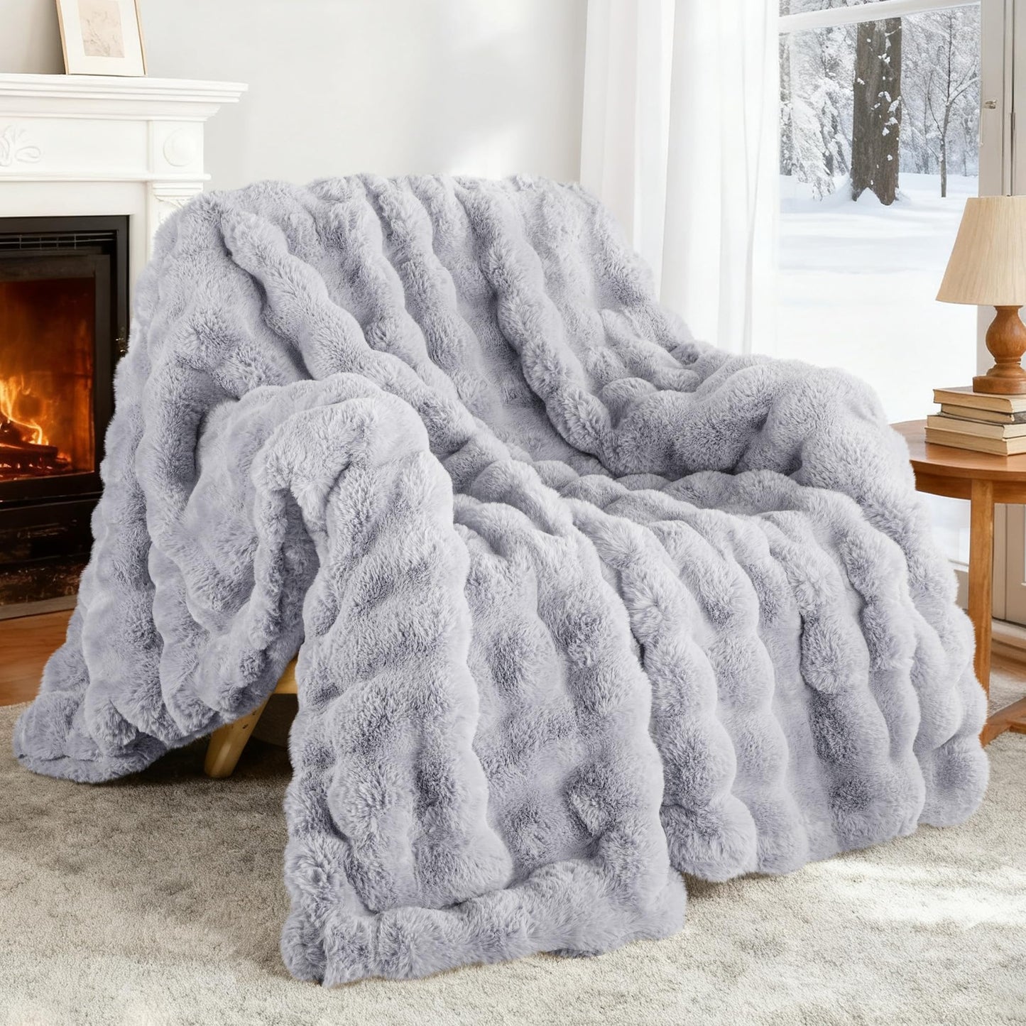 Exclusivo Mezcla Faux Fur Throw Blanket for Couch, Luxury Reversible 3D Rabbit Bubble Fuzzy Thick Sherpa Blankets for Winter, Plush Fleece Warm Cozy Bed Throw, 50x60 Inches, Light Grey