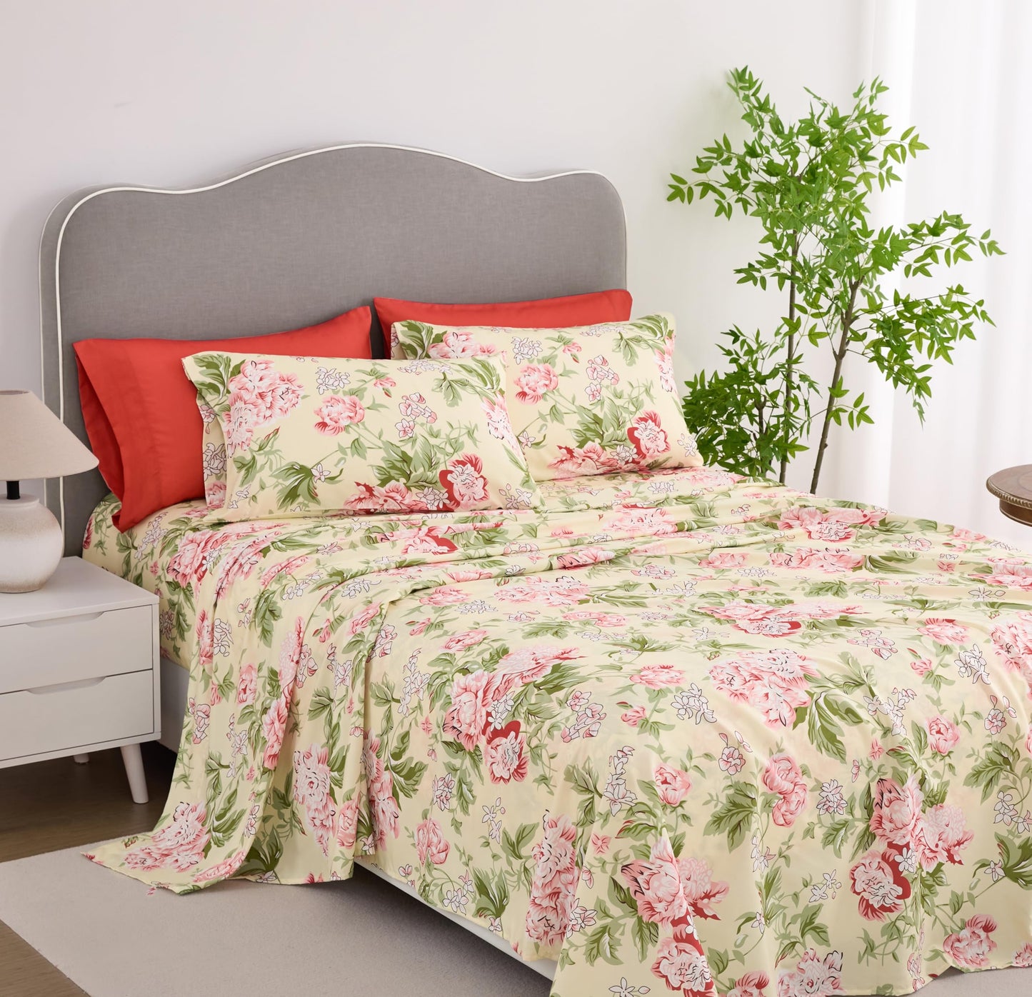 Spirit Linen home 6-Piece King Size Bed Sheet Set - Deep Pocket, Floral Pattern, Soft and Breathable Bed Sheets, Microfiber Material, Includes 1 Fitted, 1 Flat, 4 Pillowcases - Rose Floral Design