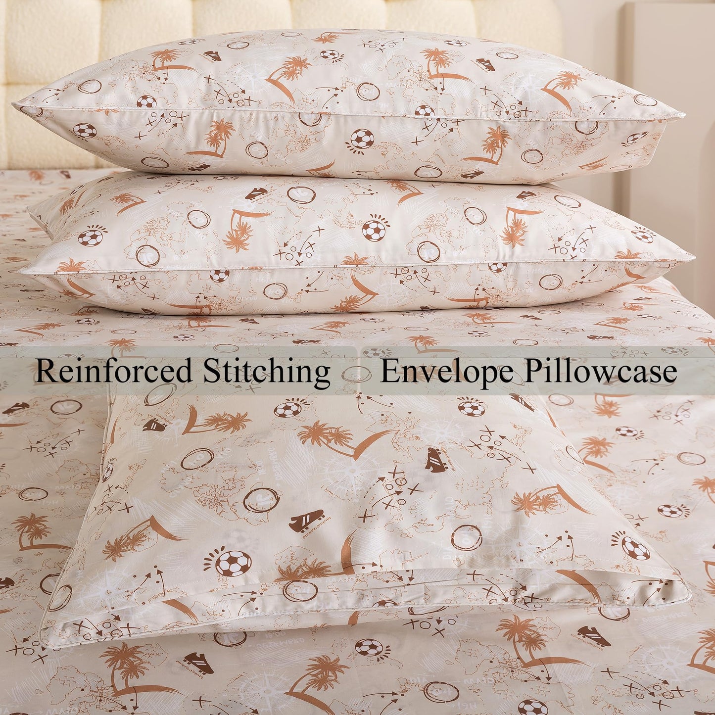 FADFAY Soccer Sheets Set King – 100% Cotton Soft Breathable Sports Sheets, Tropical Palm Tree Soccer Ball Print Bedding