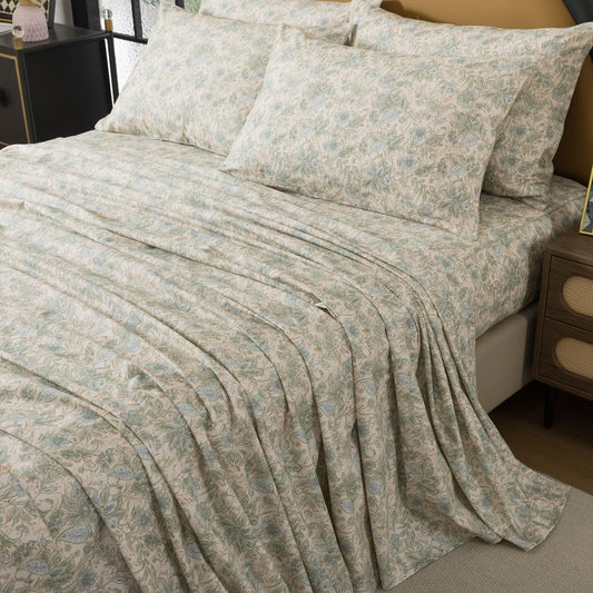 FADFAY Sheets Set Full 100% Cotton, 4-Piece Shabby Paisley Floral Bedding Vintage Sage Green Paisley Bed Sheet Set, Botanical Farmhouse Bedding Soft & Breathable Deep Pocket Fitted Sheet, Full Size