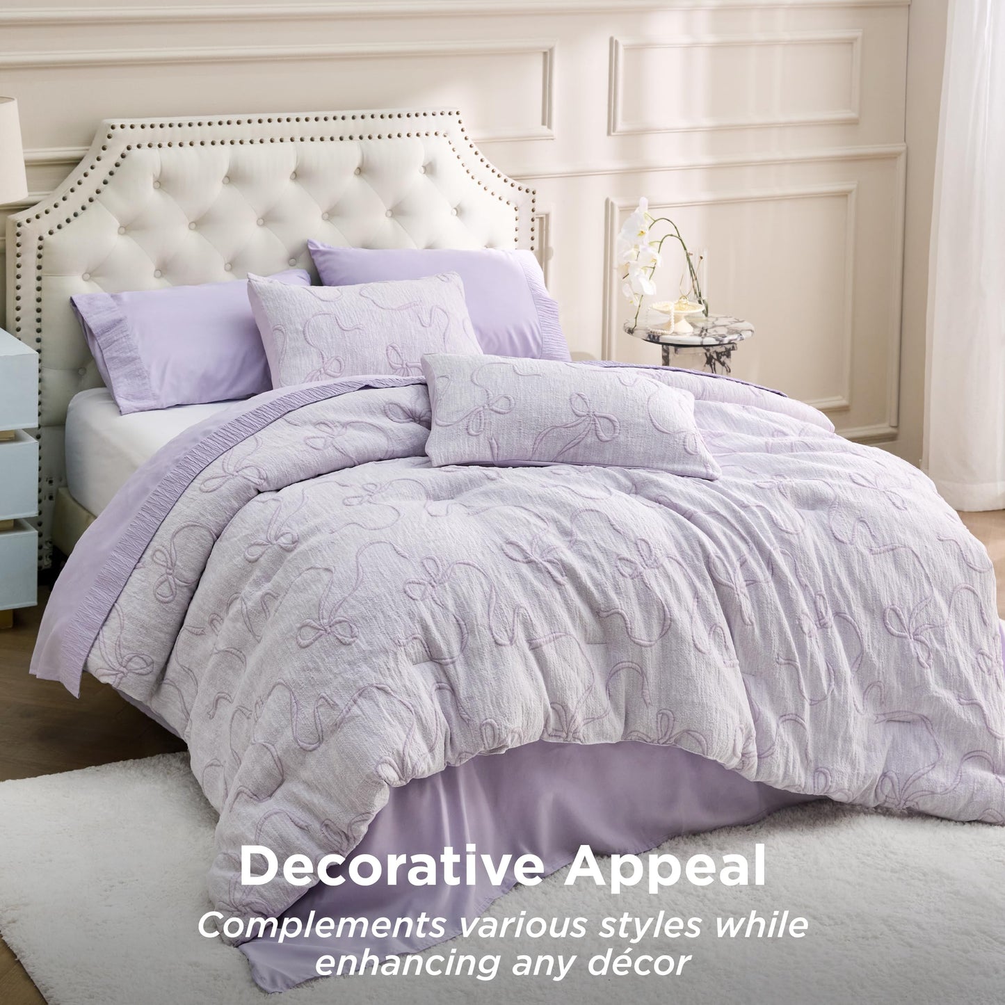 Bedsure Lavender King Size Comforter Set, GentleSoft™ 3 Pieces Breathable Bow Comforter Set Women with 2 Pillow Shams, Cute King Bedding Set Room Decor Aesthetic Bedroom Decor, 104x90 Inches