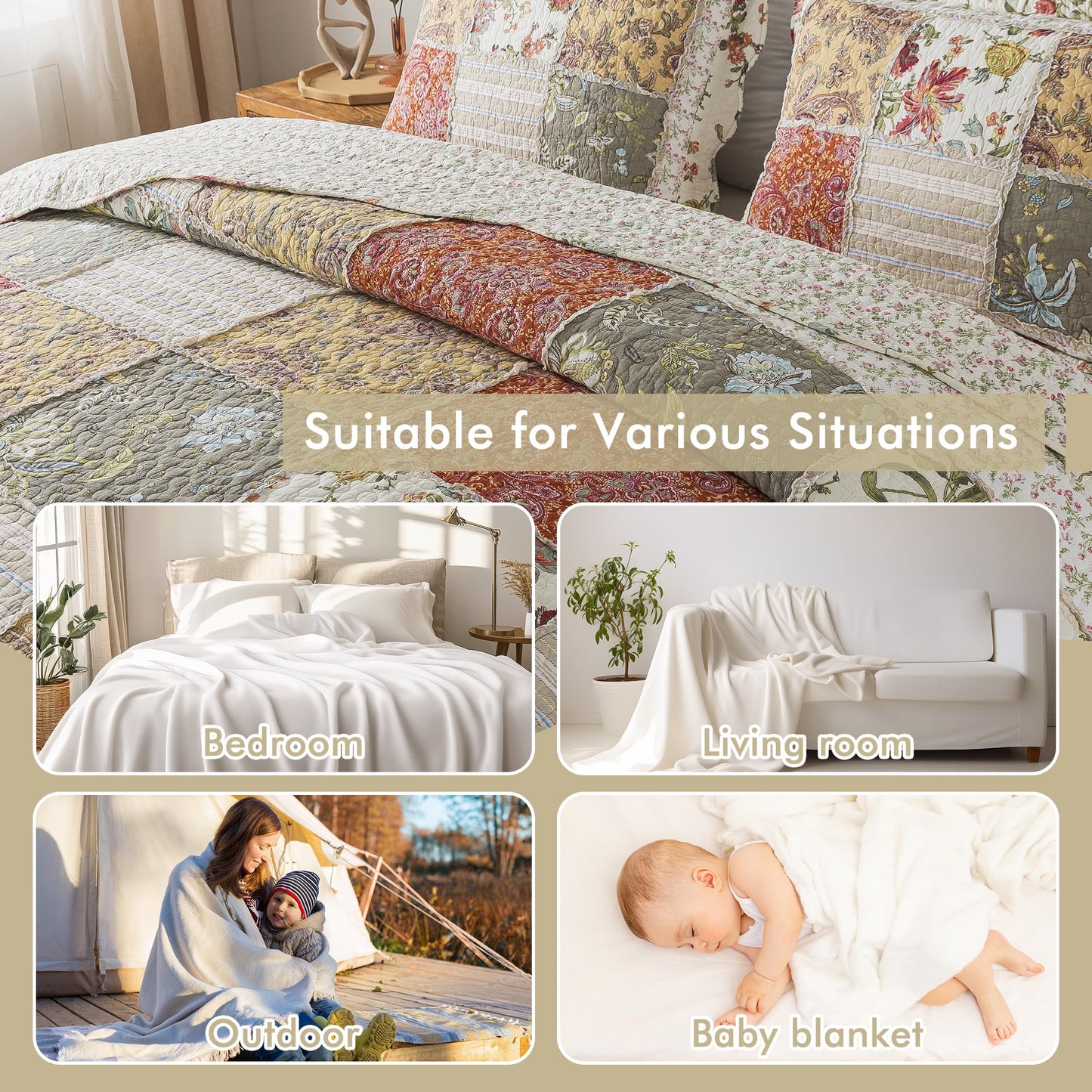 Etwel Patchwork Quilt Set Queen Size, 100% Cotton Bedspread, Reversible Lightweight Comforter Set with 2 Pillow Shams for All Seasons, Floragrid Beige, Queen Size 90"x90"
