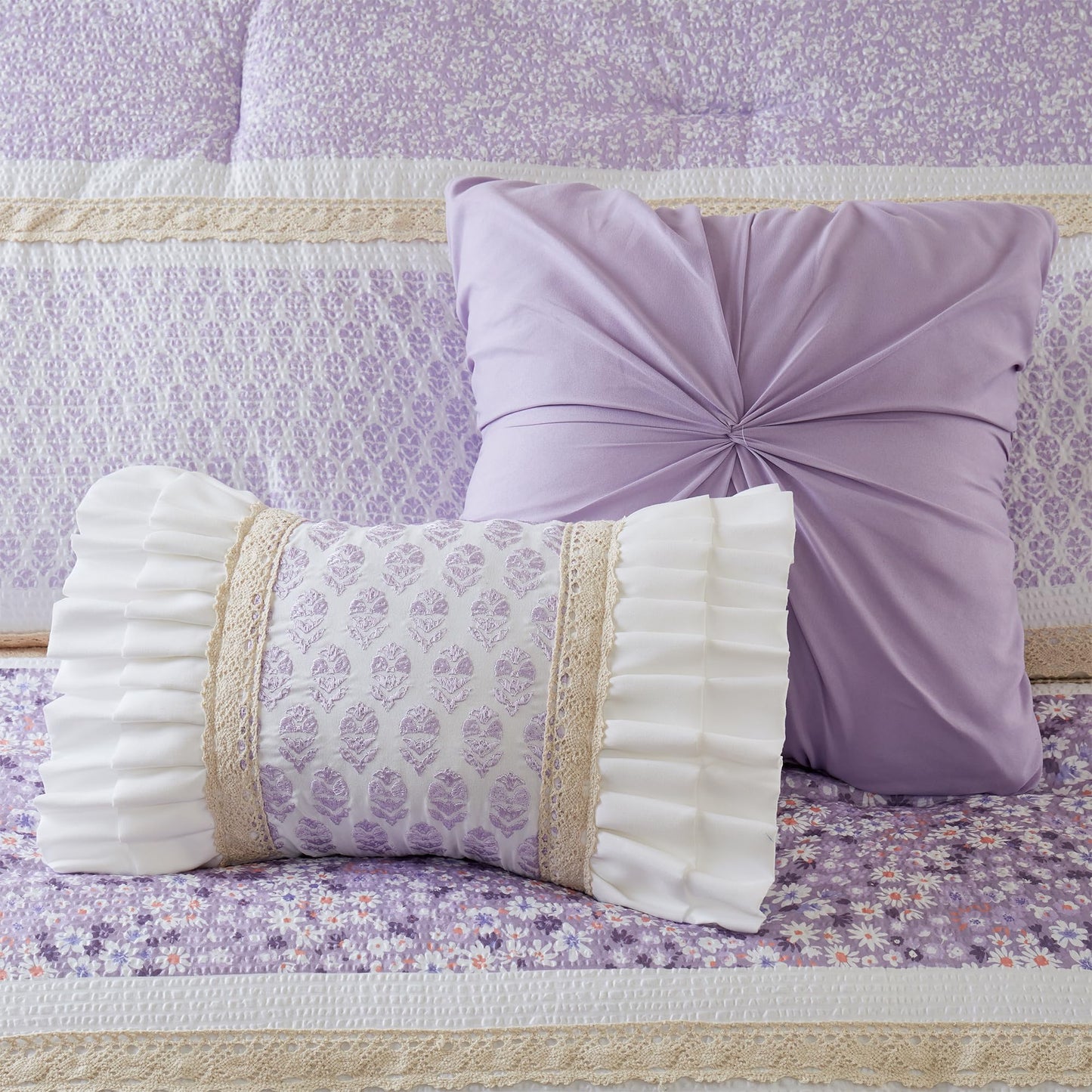 Madison Park Comforter Set, Seersucker Floral King Size Comforter Sets, Microfiber Comforters, All Season Lightweight Comforter, Throw Pillows, Caralie, King/Cal King Purple 5 Piece