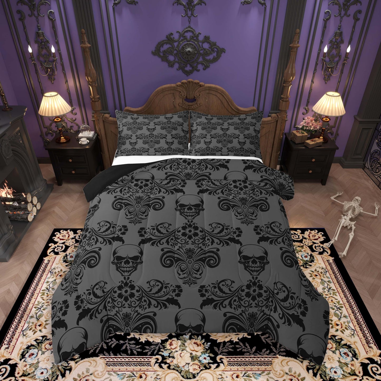 jejeloiu Queen Size Damask Print Bedding Set for Kids Boys Girls Gothic Sugar Skull Comforter Set Deep Grey Duvet Quilt Bedroom Decor Soft Lightweight Microfiber 3Pcs