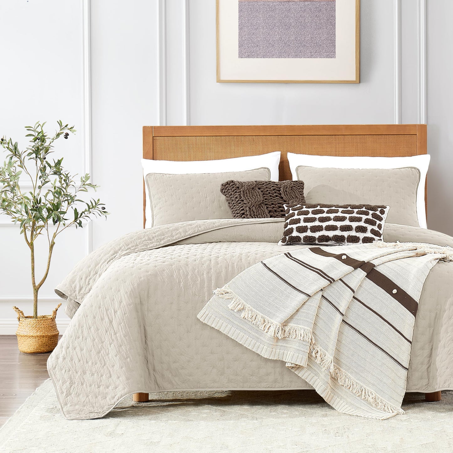 ROARINGWILD Beige Queen Size Quilt Bedding Set with 2 Pillow Shams, Full Lightweight Soft Microfiber Bedspread Coverlet, Thin Comforter Bed Cover for All Season, 3 Pieces, 90x90 inches
