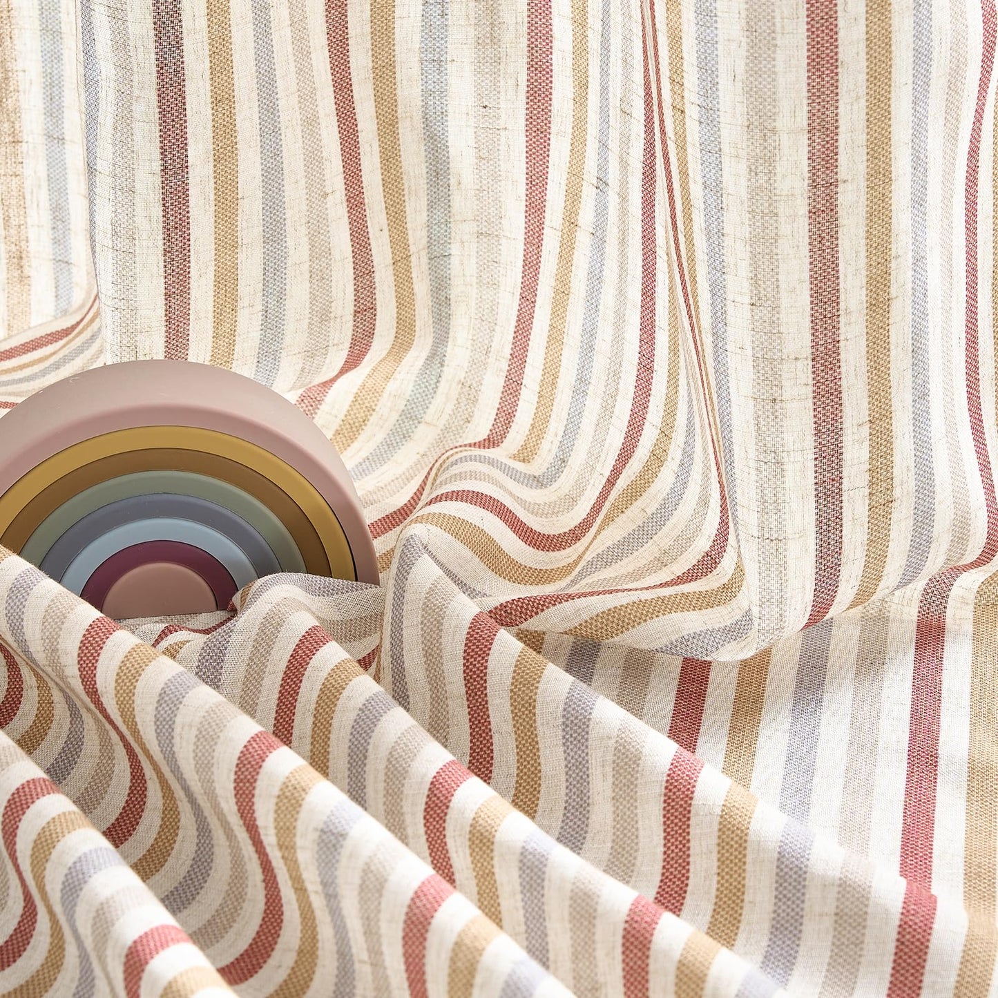 jinchan Linen Curtains for Nursery Bedroom 84 Inch Long Multi Red on Beige Striped Curtains for Living Room Cute Ticking Stripe Farmhouse Baby Girl Kids Room Light Filtering Grommet Drapes 2 Panels