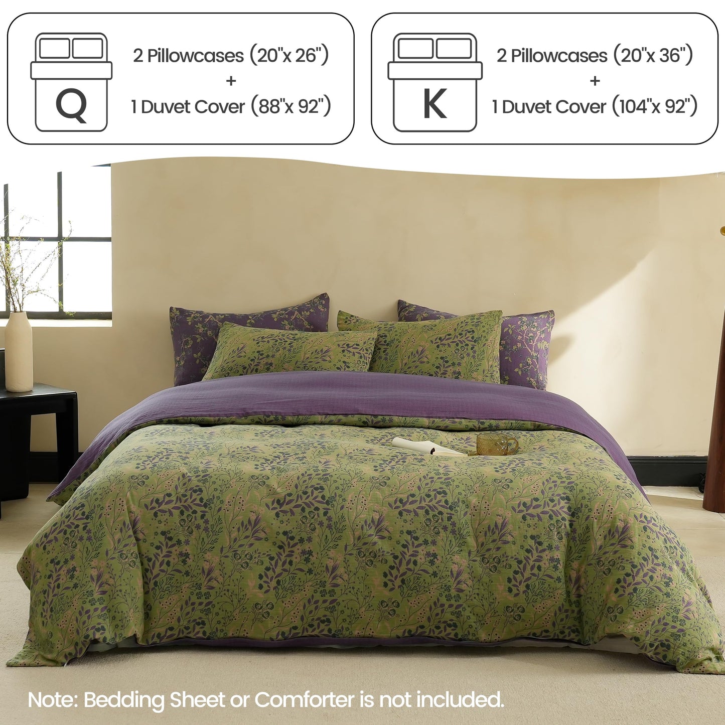 BISELINA 100% Cotton Muslin Duvet Cover Set Queen, 3 Pcs Yarn-Dyed Jacquard Textured Reversible Floral Design, Soft and Breathable Bedding Set with Zipper Closure, Green Purple