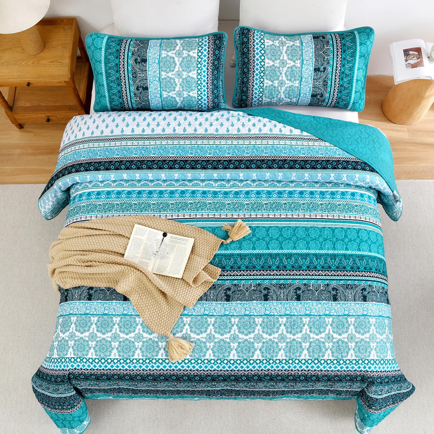 WONGS BEDDING Boho Quilt Set King Size, Teal 3 Pieces Bohemian Striped Patchwork Bedspread Coverlet, Lightweight Soft Microfiber Bedding Set for All Season (104"x90")