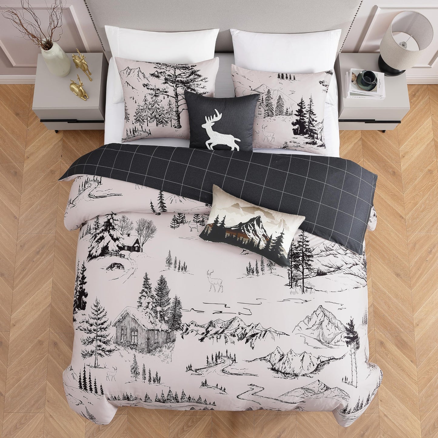 Bebejan Rocky Mountains 5 Piece Comforter Set, 100% Cotton Sateen, 220 Thread Count, Ivory Reversible Bedding Comforter Set, 1 Comforter, 2 Shams & 2 Pillows (King/Cal King)