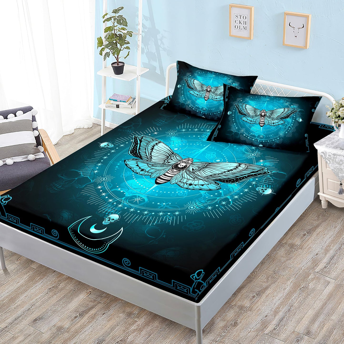 HOSIMA Goth Bedding Set 3 Pieces,Death Moth Skull Heads Fitted Sheet Bed in A Bag Full Size for Adults Boys Girls Room Decor,Horror Theme Halloween Bedding Butterfly Bed Set.