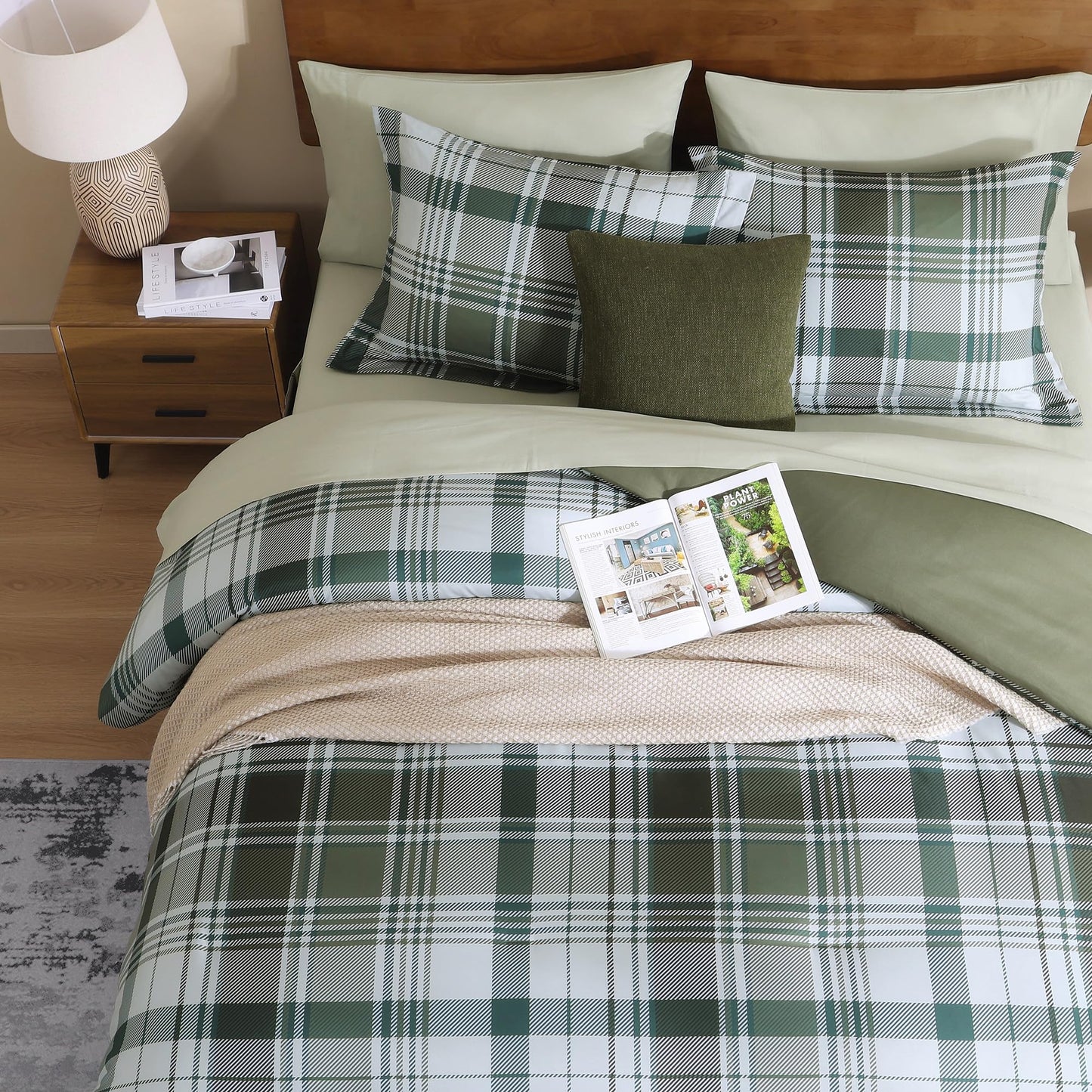MaiRêve Plaid Queen Comforter Sets Olive Green, Classic Farmhouse Bedding Set Bed in a Bag 7 Pieces, Lightweight All Season Comforter Set with Fitted & Flat Sheet, Pillowcases & Shams